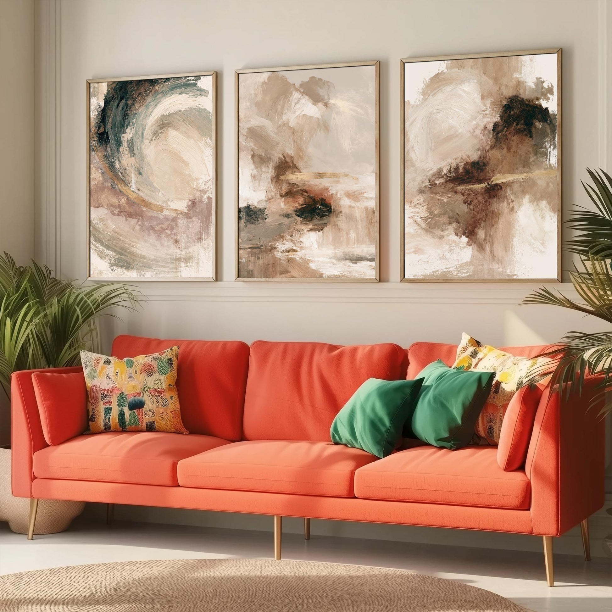 Beige and Gold Abstract Set of Three Art Prints - Textured Brushstroke Landscapes in Cream, Sage and Rust - Modern Posters Painting