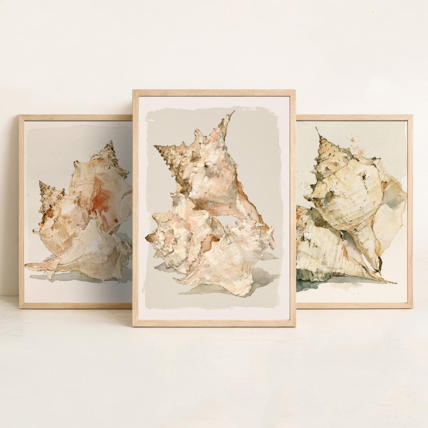 Beige Coastal Seashells Set of Three Art Prints - Conch and Murex Shell Studies - Neutral Watercolour Posters - Coastal Painting