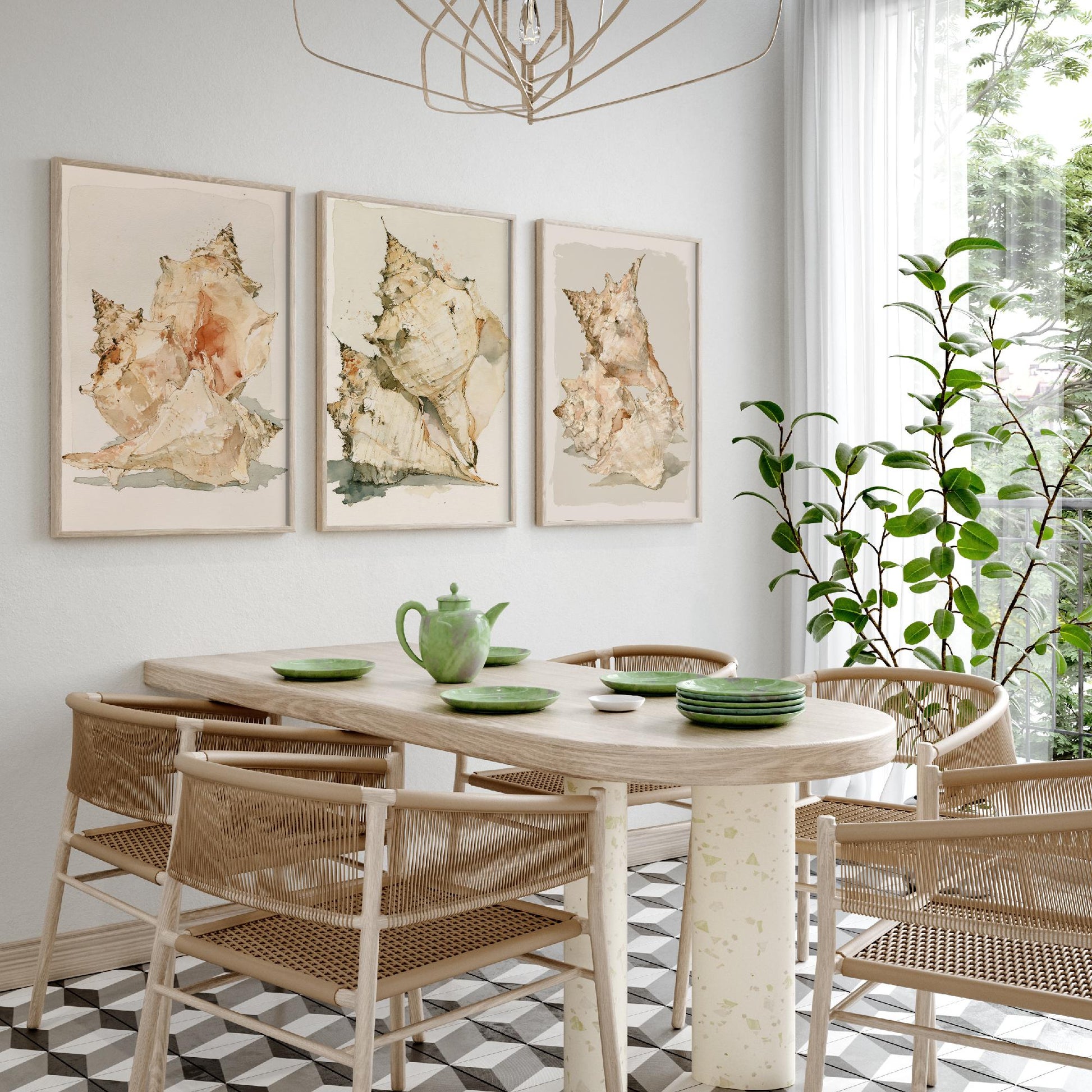 Beige Coastal Seashells Set of Three Art Prints - Conch and Murex Shell Studies - Neutral Watercolour Posters - Coastal Painting