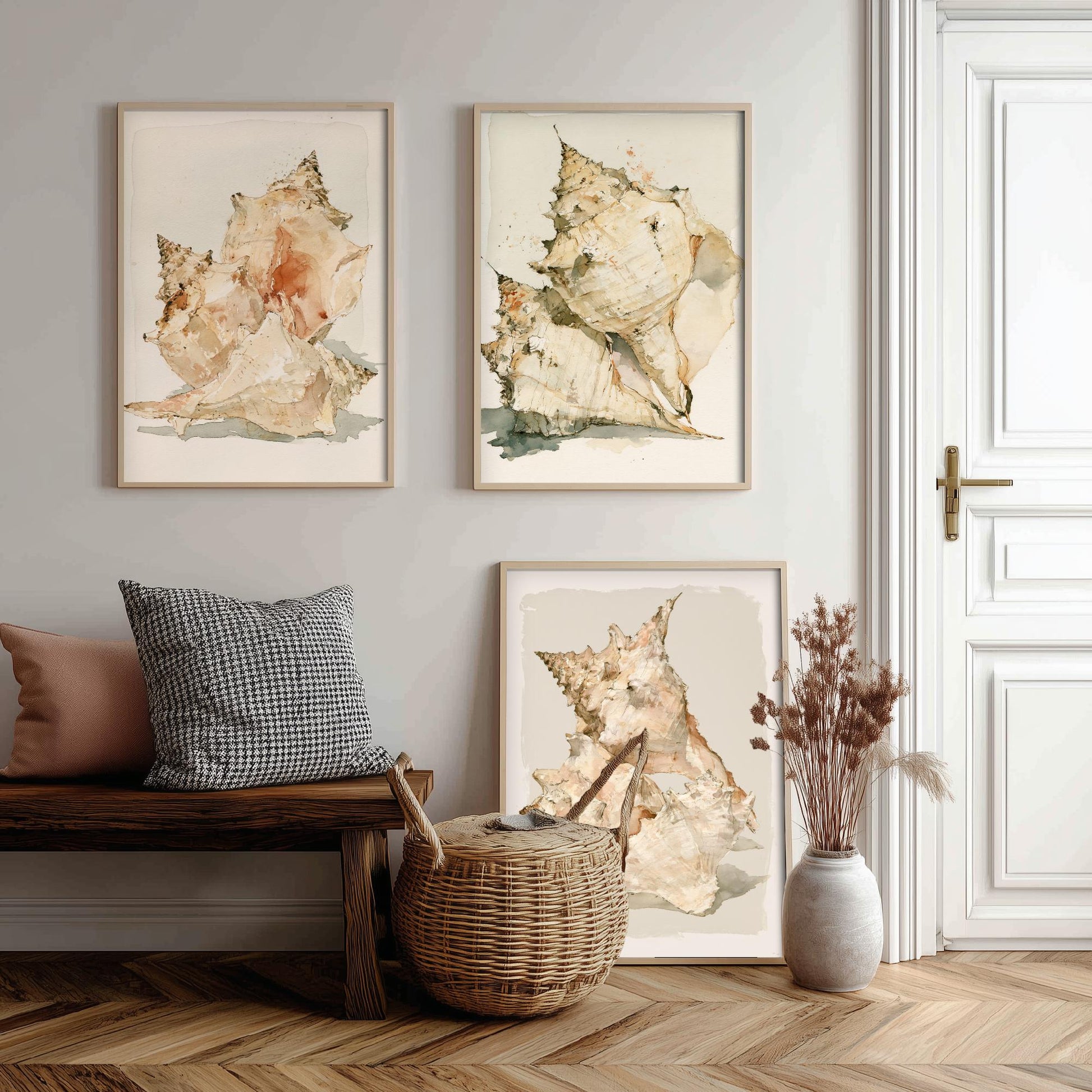 Beige Coastal Seashells Set of Three Art Prints - Conch and Murex Shell Studies - Neutral Watercolour Posters - Coastal Painting