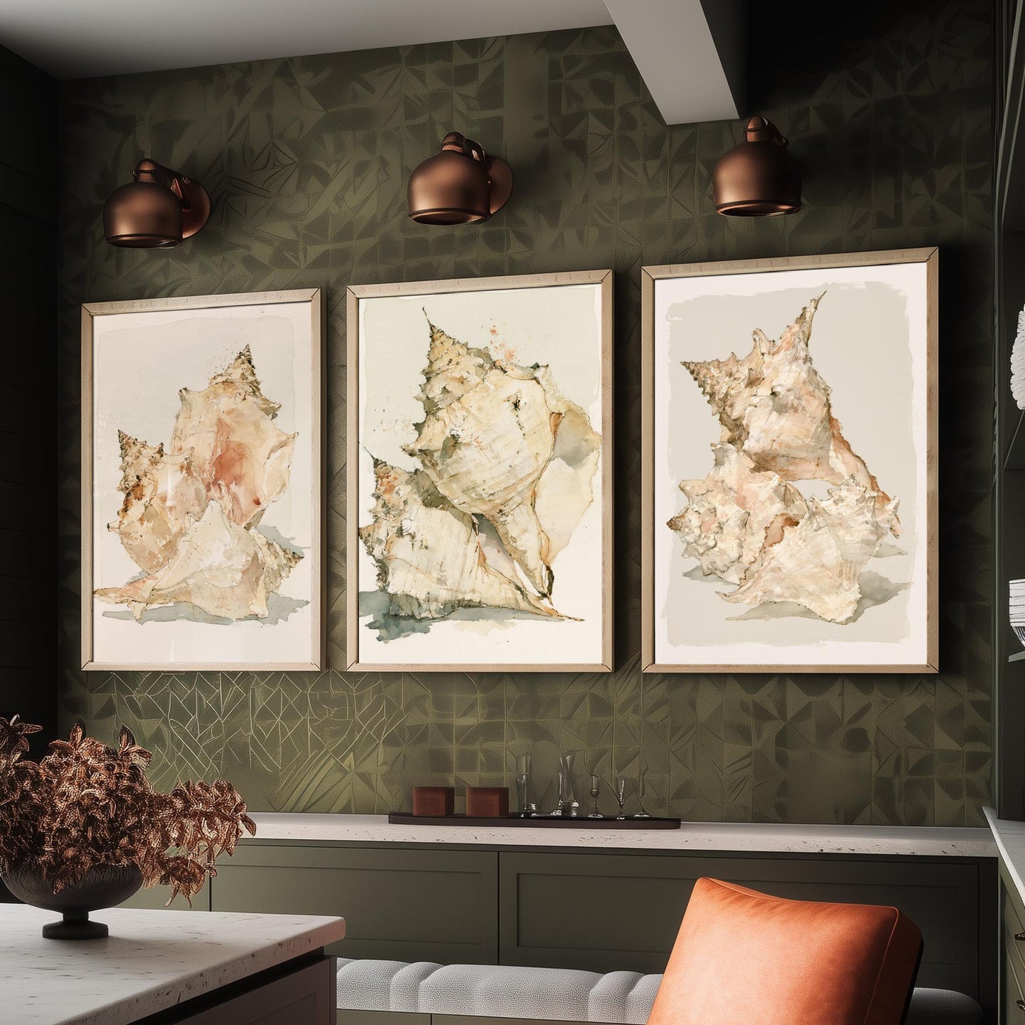 Beige Coastal Seashells Set of Three Art Prints - Conch and Murex Shell Studies - Neutral Watercolour Posters - Coastal Painting