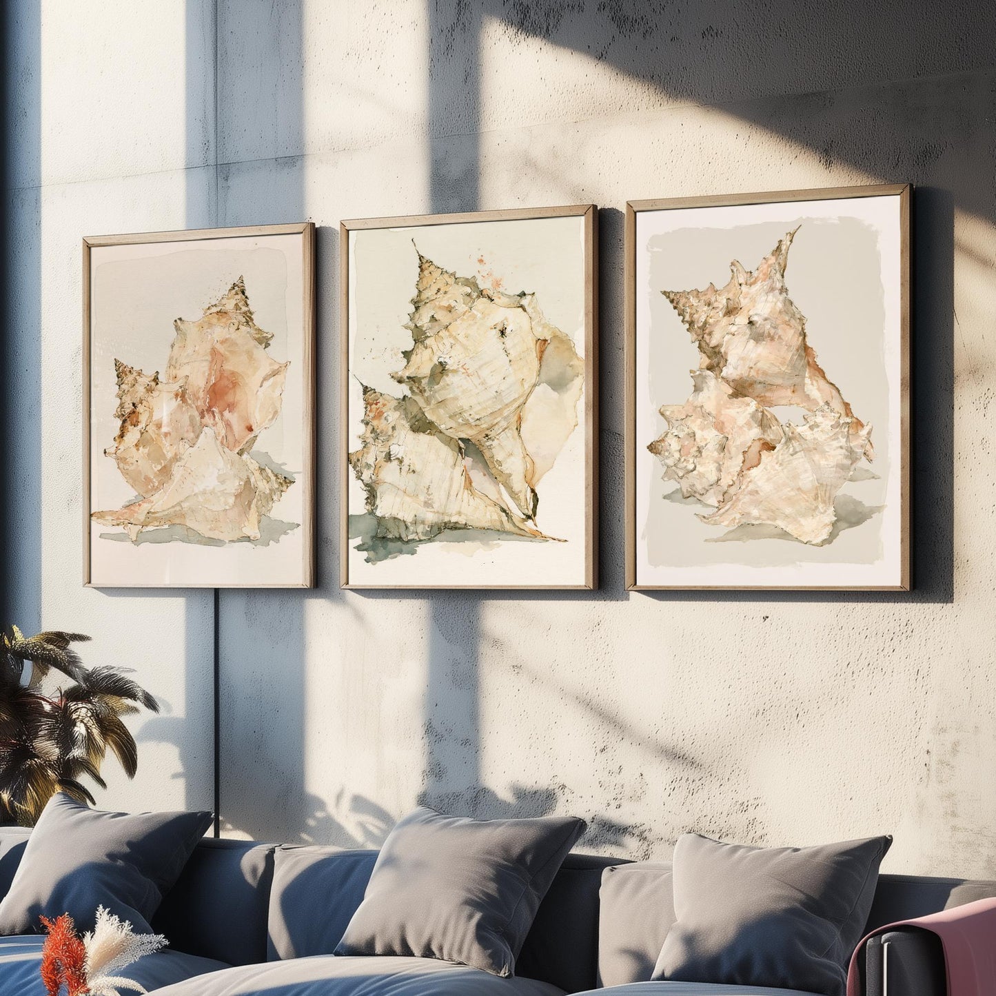 Beige Coastal Seashells Set of Three Art Prints - Conch and Murex Shell Studies - Neutral Watercolour Posters - Coastal Painting
