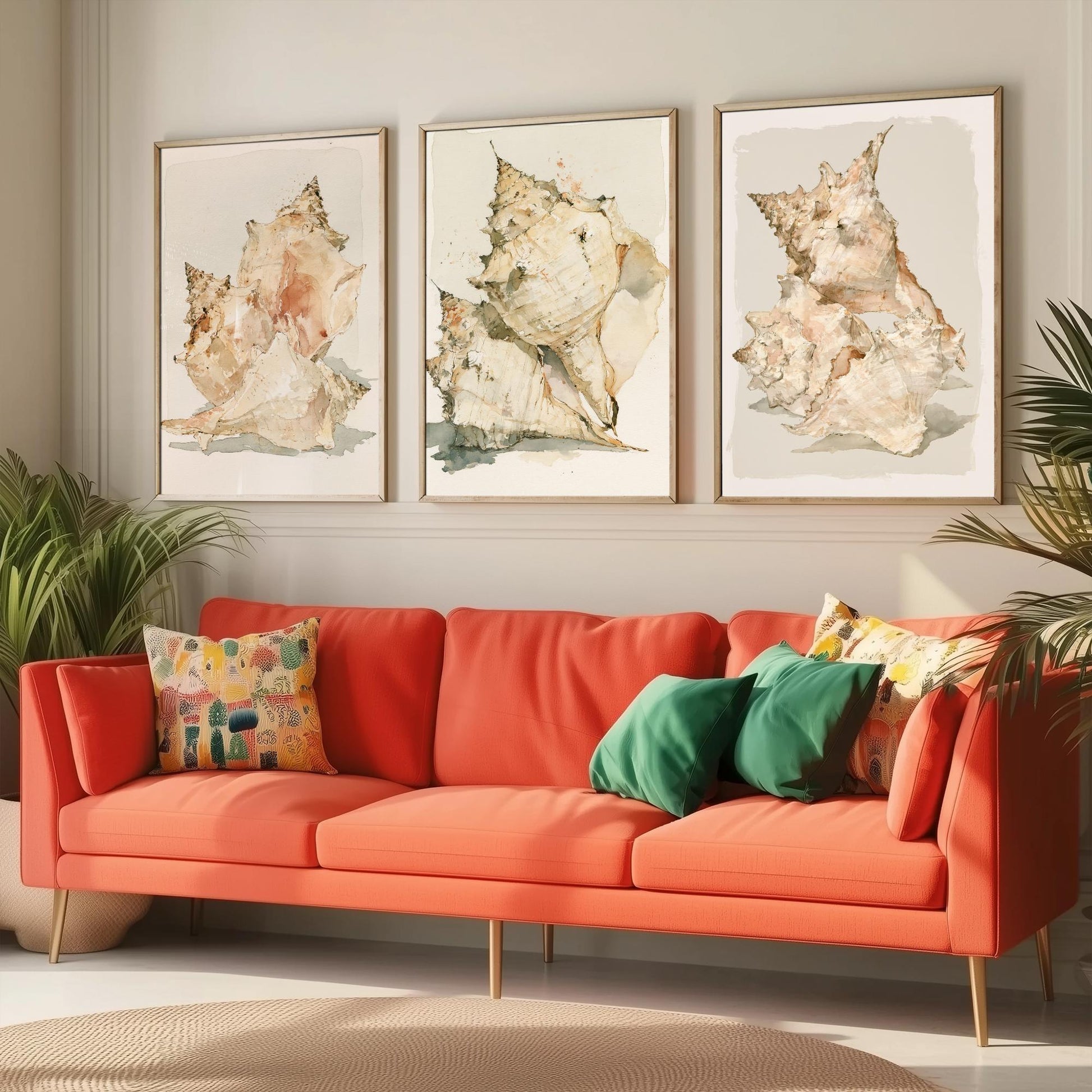Beige Coastal Seashells Set of Three Art Prints - Conch and Murex Shell Studies - Neutral Watercolour Posters - Coastal Painting