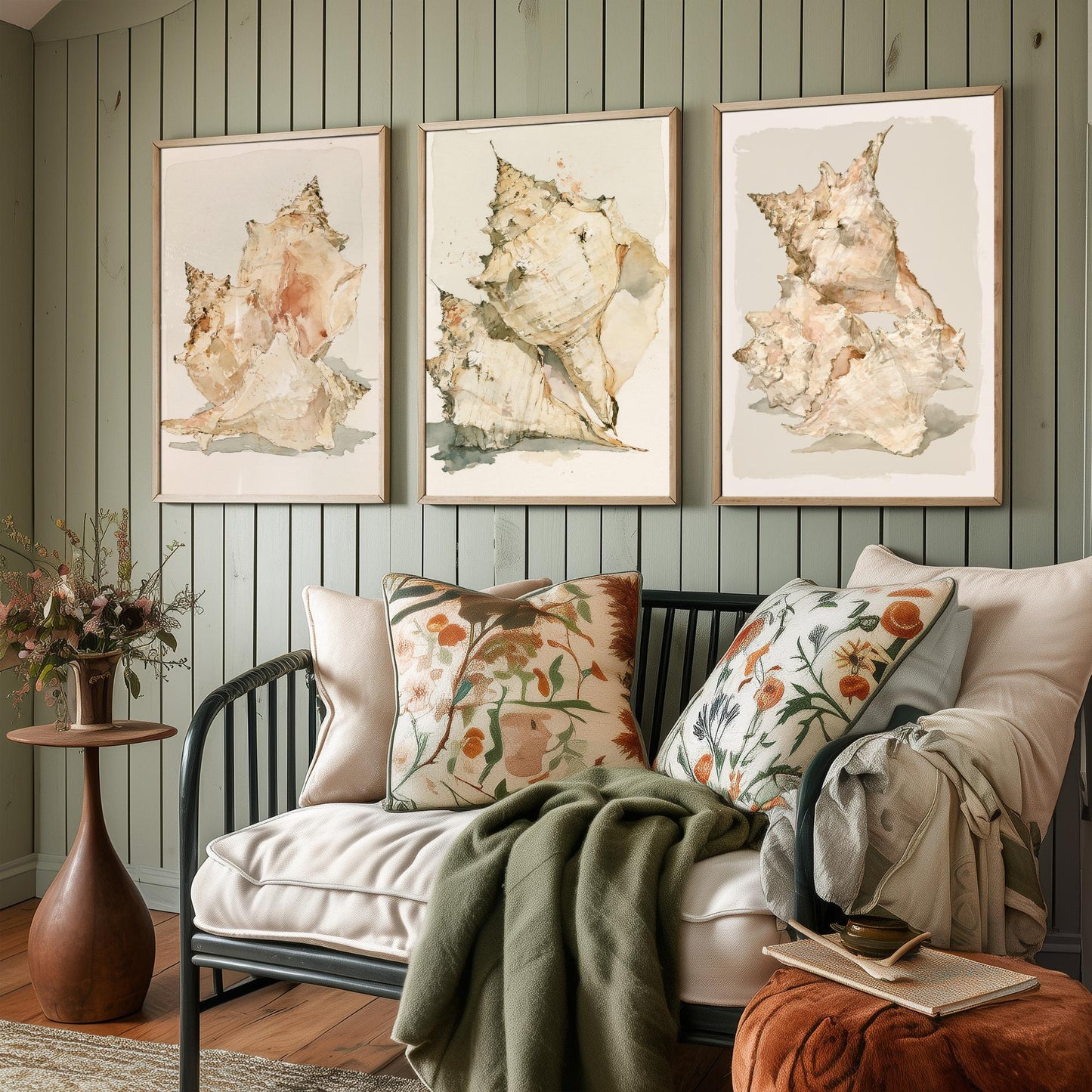 Beige Coastal Seashells Set of Three Art Prints - Conch and Murex Shell Studies - Neutral Watercolour Posters - Coastal Painting