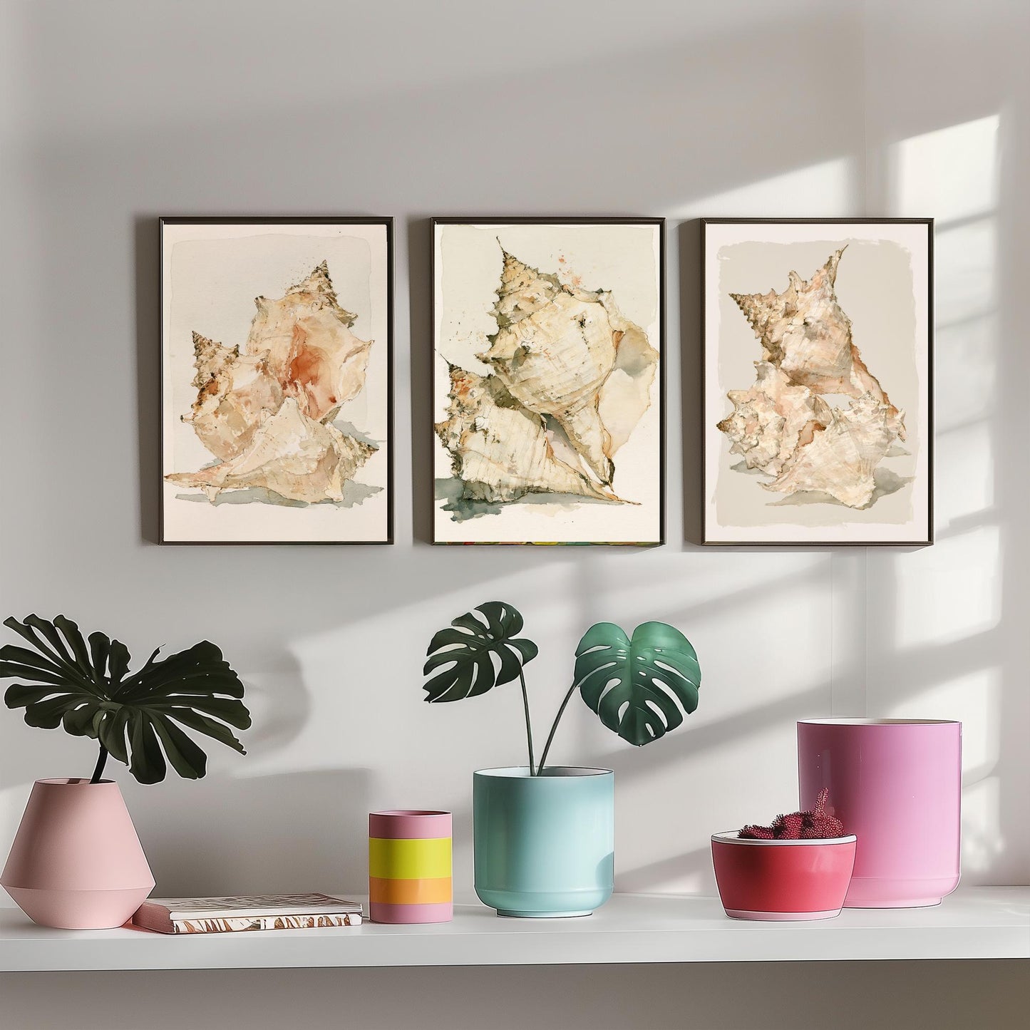 Beige Coastal Seashells Set of Three Art Prints - Conch and Murex Shell Studies - Neutral Watercolour Posters - Coastal Painting