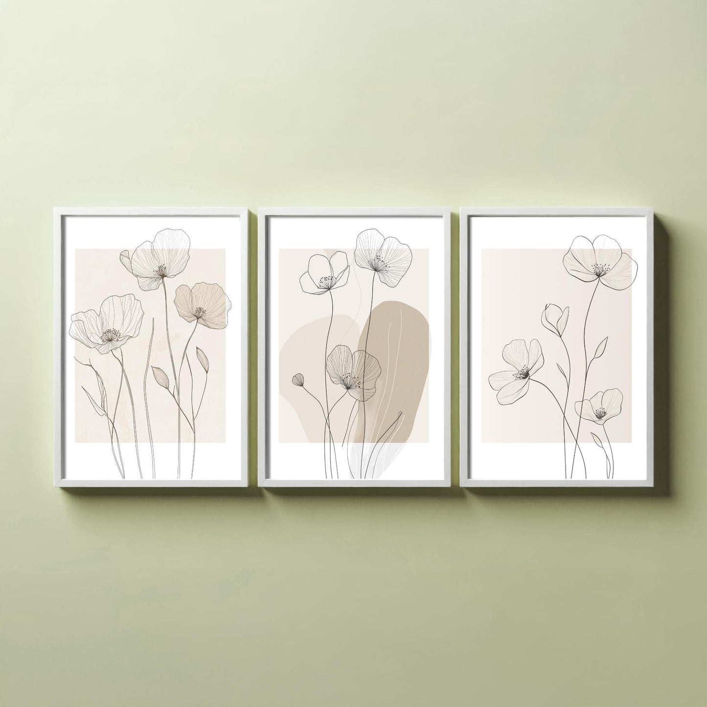 Beige Flowers Set of Three Art Prints - Minimalist Line Art Botanical Posters - Neutral Wildflower Illustration Wall Decor