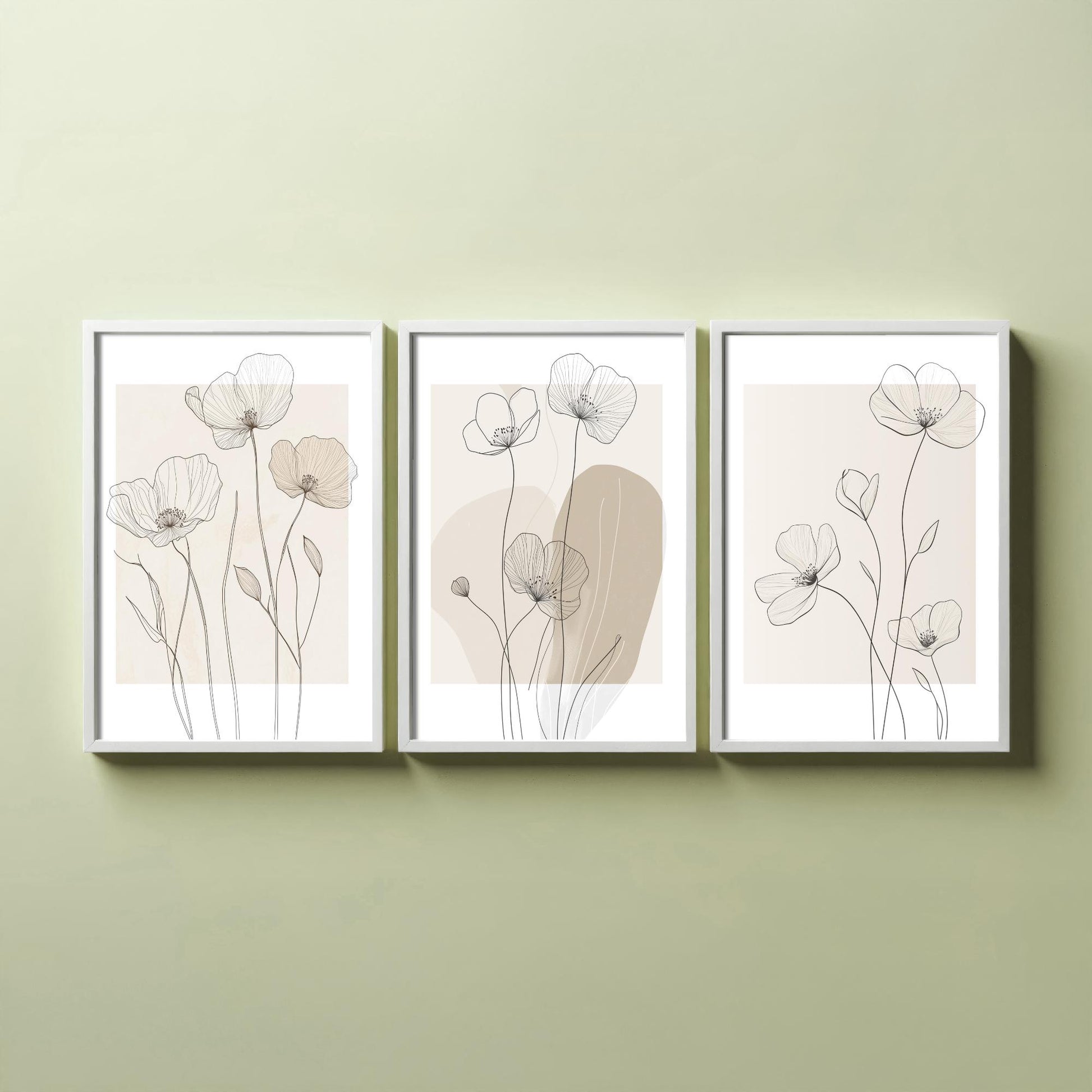 Beige Flowers Set of Three Art Prints - Minimalist Line Art Botanical Posters - Neutral Wildflower Illustration Wall Decor