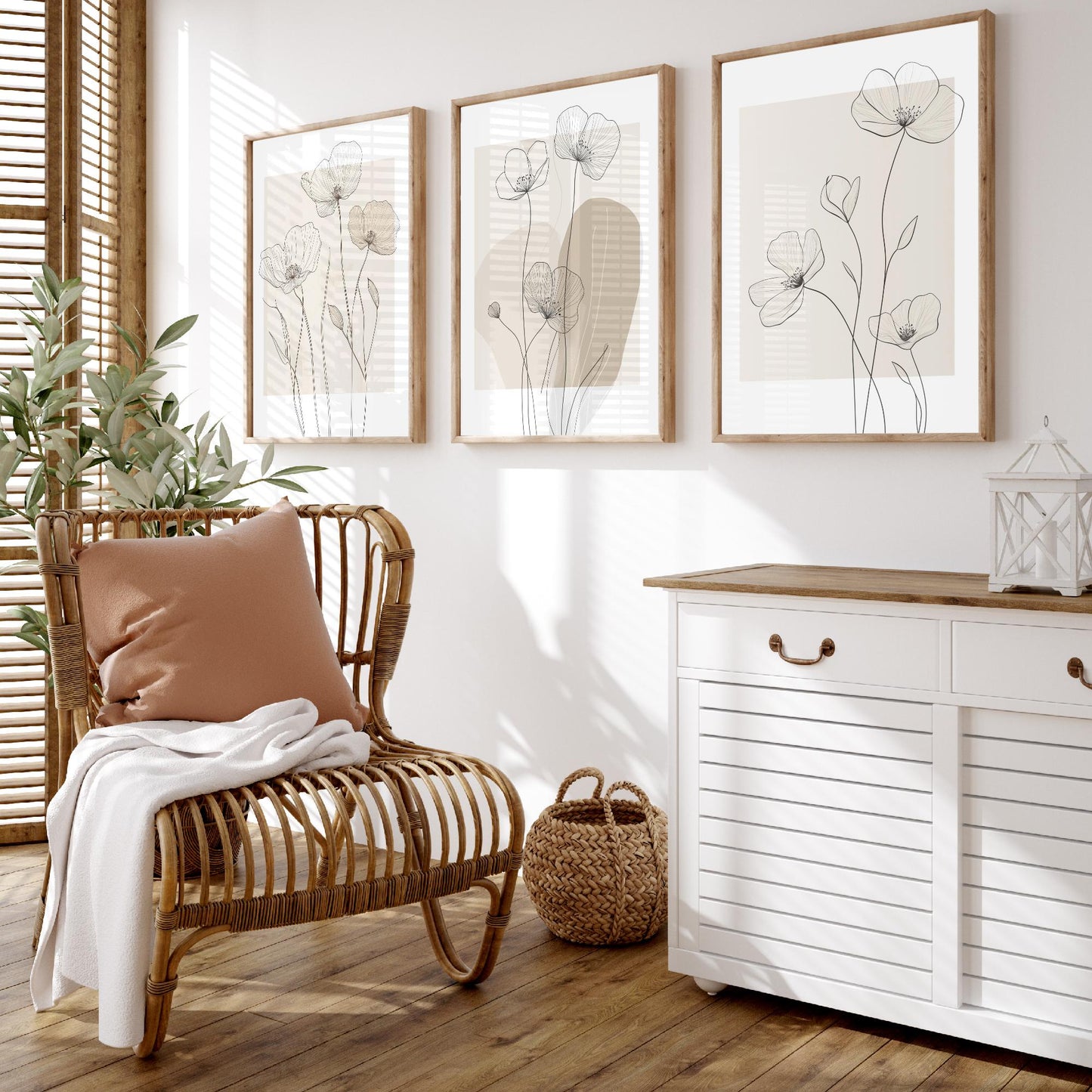 Beige Flowers Set of Three Art Prints - Minimalist Line Art Botanical Posters - Neutral Wildflower Illustration Wall Decor