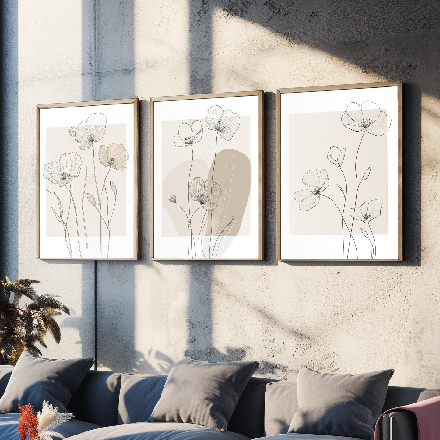 Beige Flowers Set of Three Art Prints - Minimalist Line Art Botanical Posters - Neutral Wildflower Illustration Wall Decor