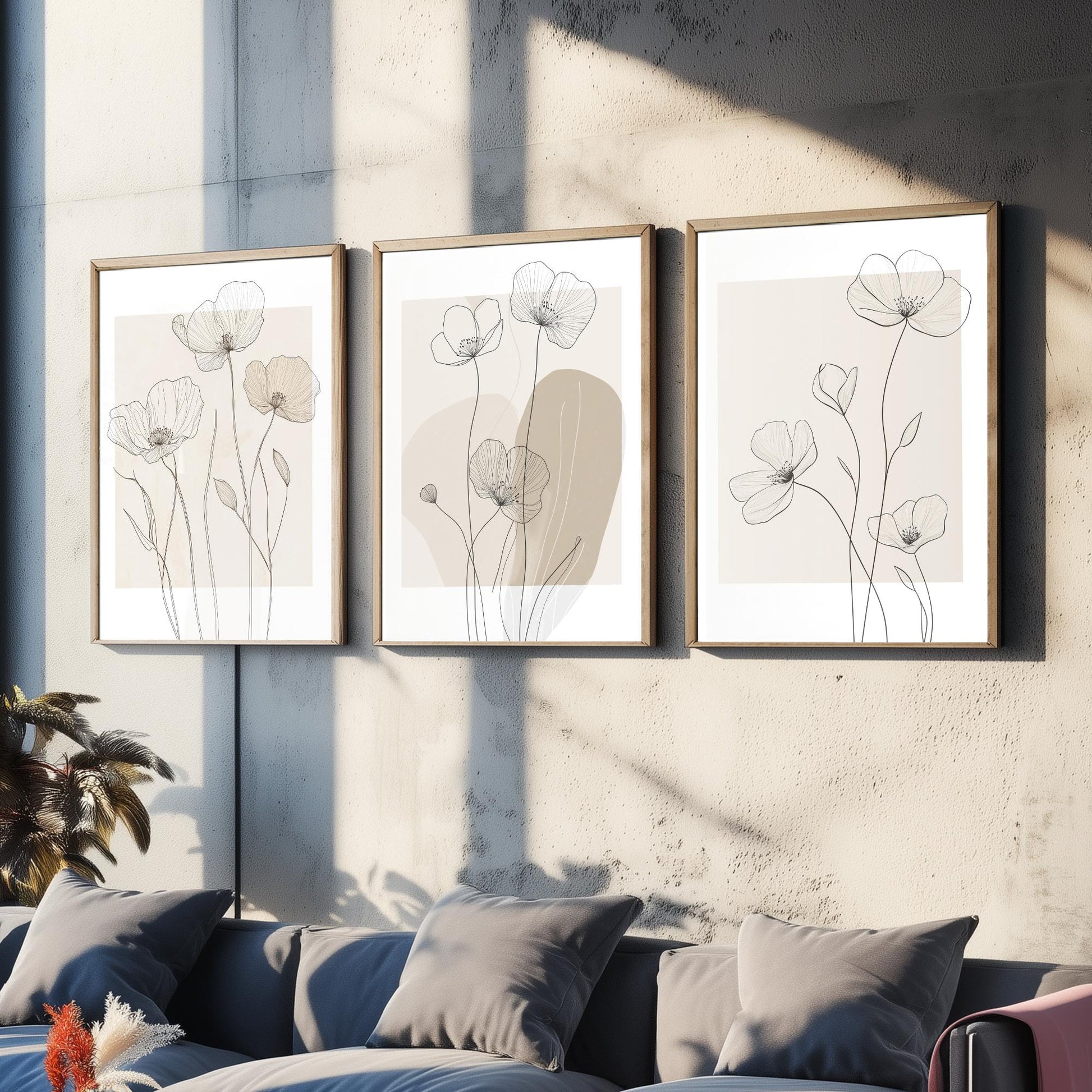 Beige Flowers Set of Three Art Prints - Minimalist Line Art Botanical Posters - Neutral Wildflower Illustration Wall Decor