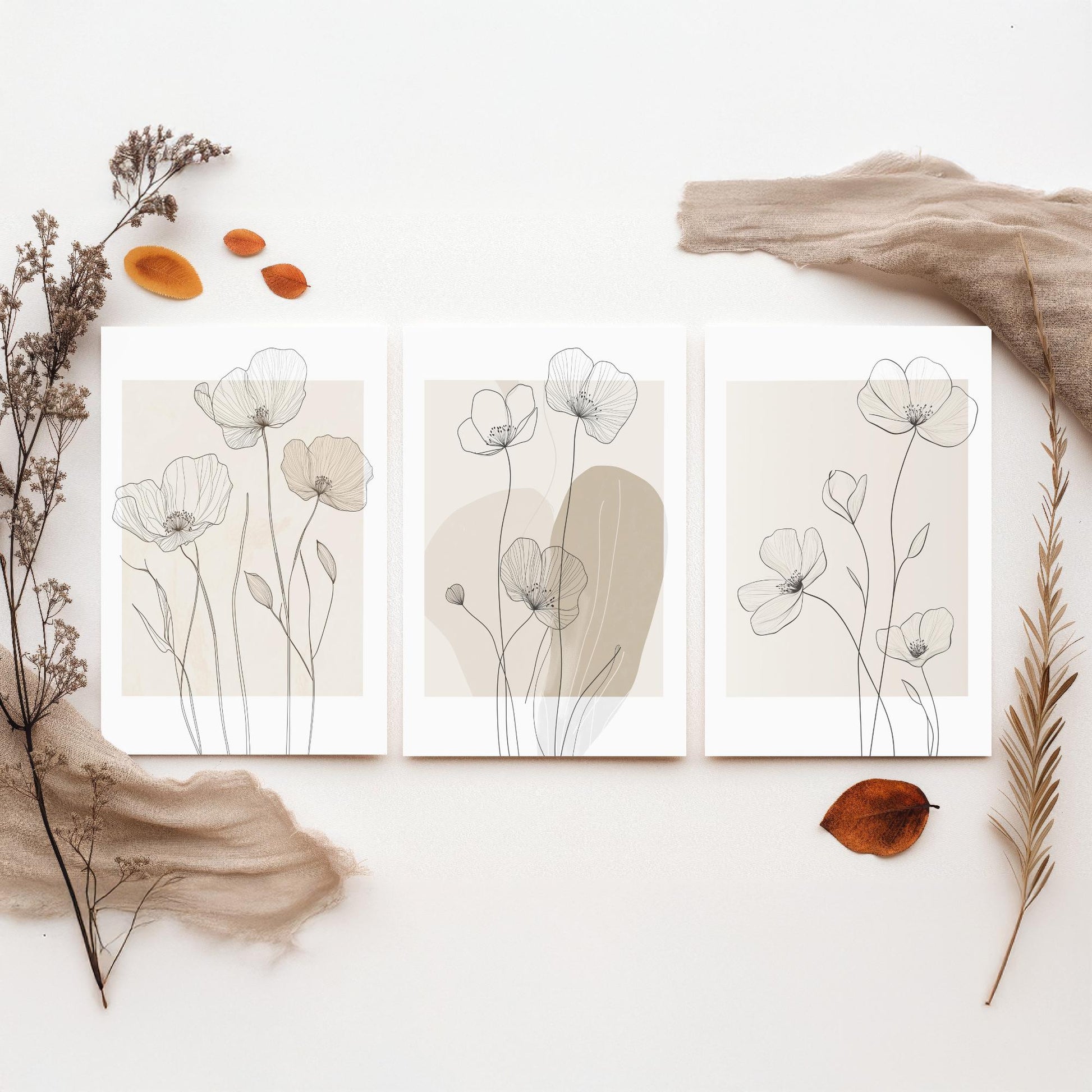 Beige Flowers Set of Three Art Prints - Minimalist Line Art Botanical Posters - Neutral Wildflower Illustration Wall Decor
