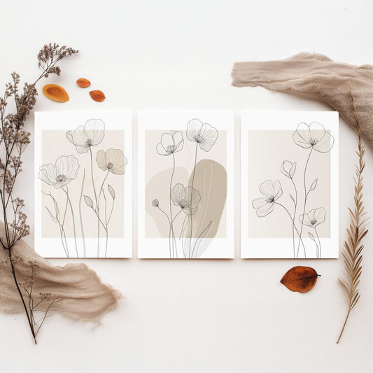 Beige Flowers Set of Three Art Prints - Minimalist Line Art Botanical Posters - Neutral Wildflower Illustration Wall Decor