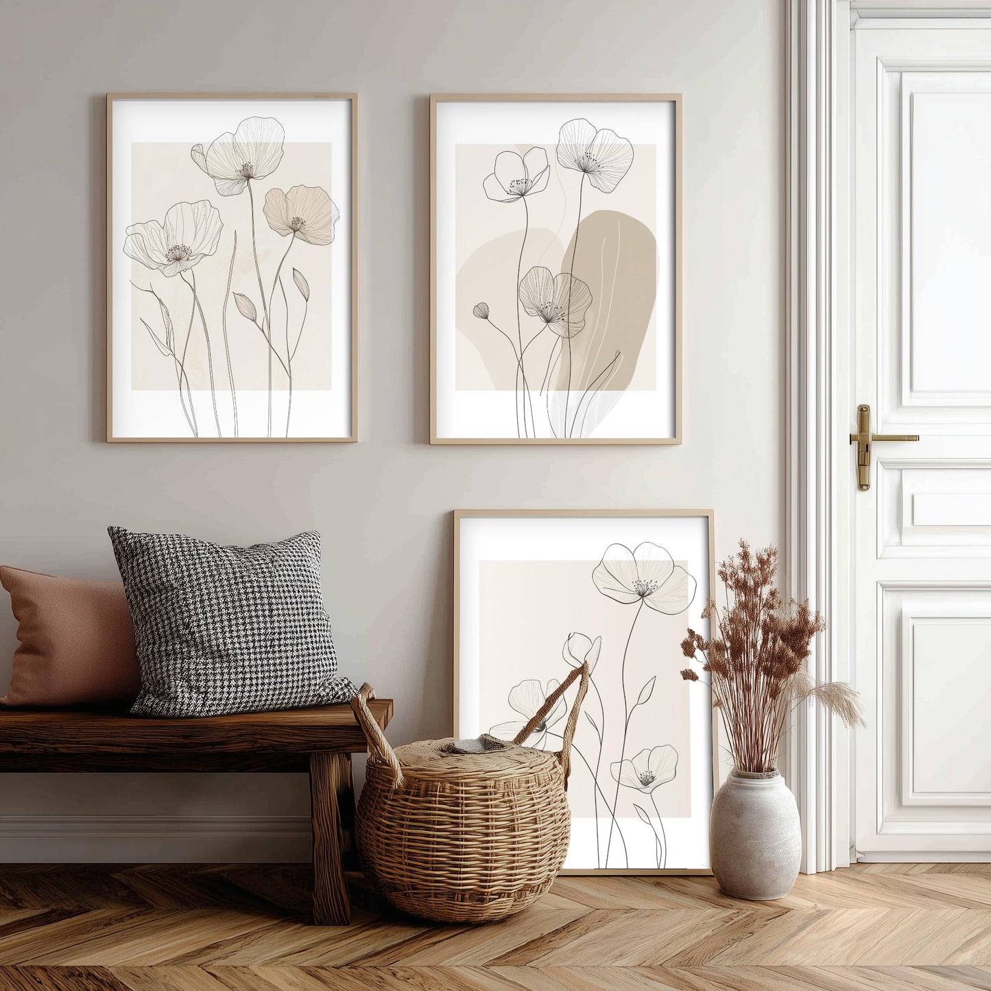 Beige Flowers Set of Three Art Prints - Minimalist Line Art Botanical Posters - Neutral Wildflower Illustration Wall Decor