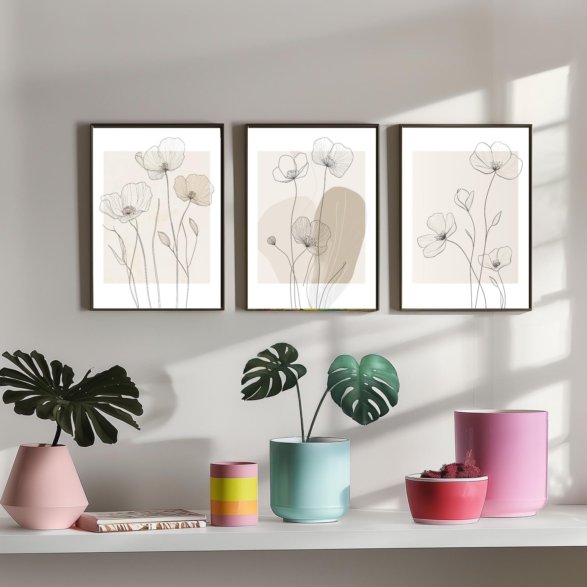 Beige Flowers Set of Three Art Prints - Minimalist Line Art Botanical Posters - Neutral Wildflower Illustration Wall Decor