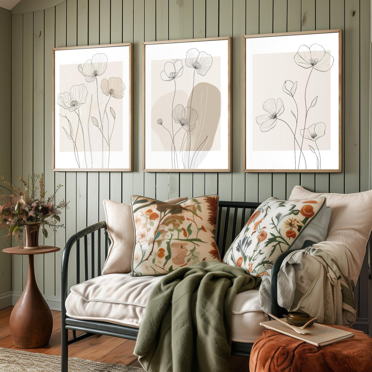Beige Flowers Set of Three Art Prints - Minimalist Line Art Botanical Posters - Neutral Wildflower Illustration Wall Decor