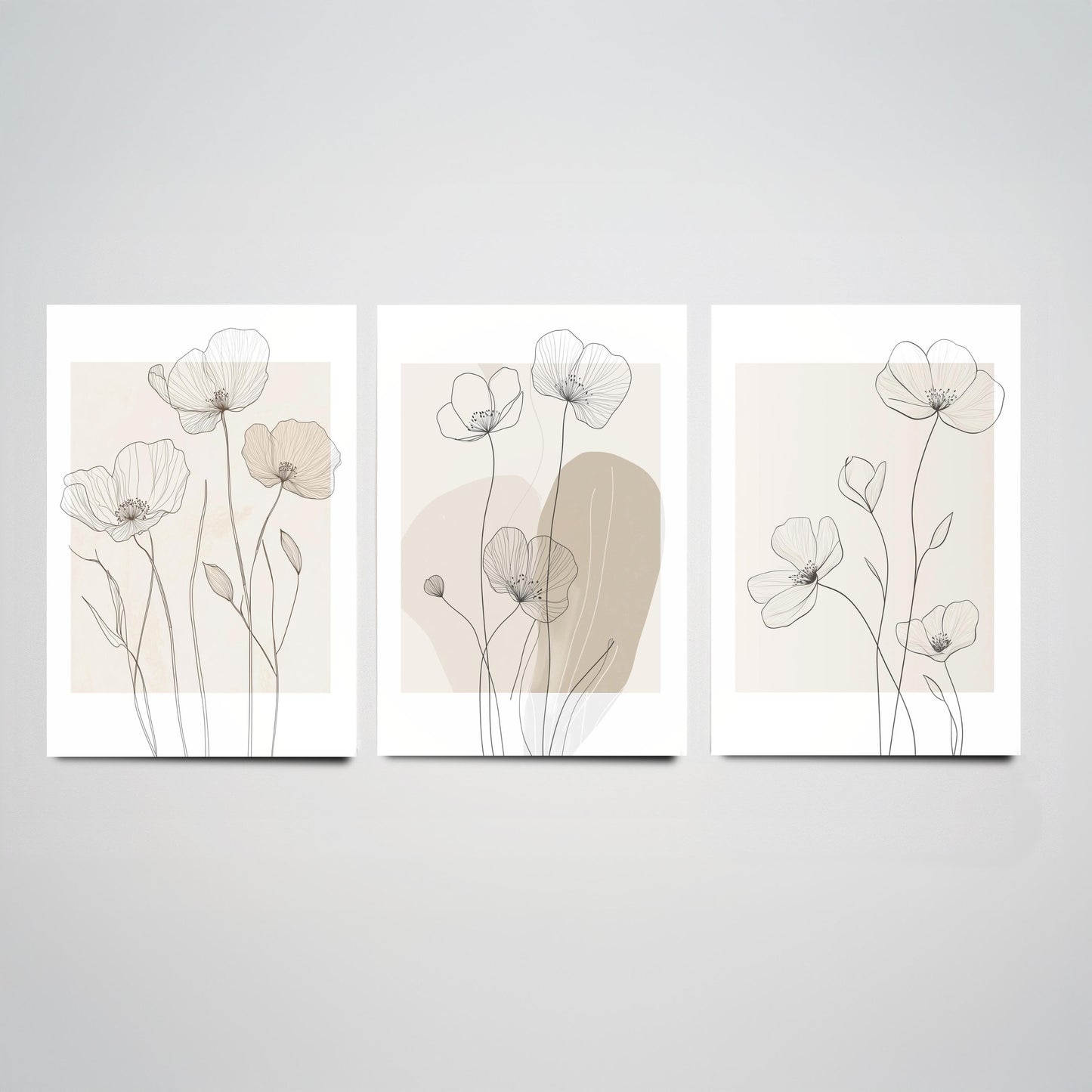 Beige Flowers Set of Three Art Prints - Minimalist Line Art Botanical Posters - Neutral Wildflower Illustration Wall Decor