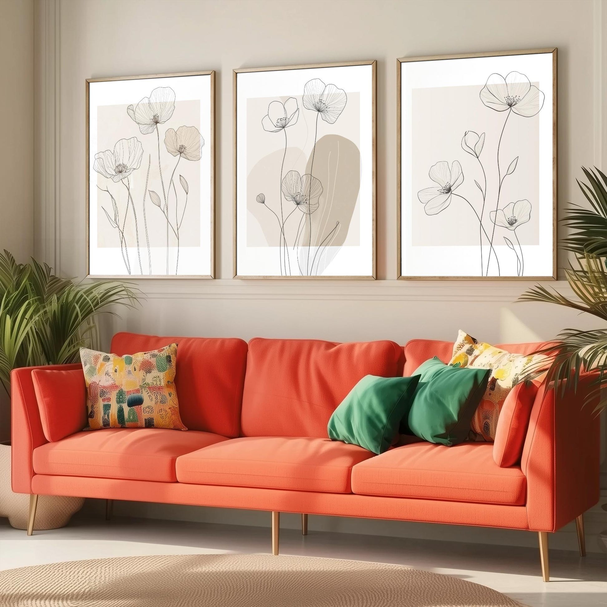 Beige Flowers Set of Three Art Prints - Minimalist Line Art Botanical Posters - Neutral Wildflower Illustration Wall Decor