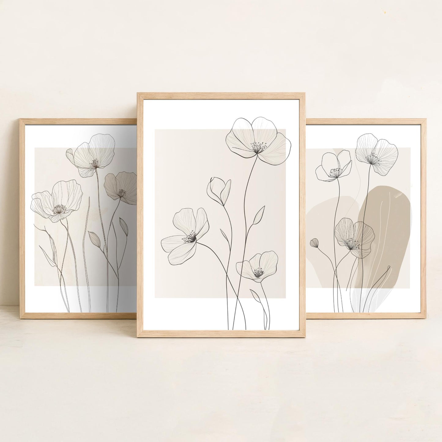 Beige Flowers Set of Three Art Prints - Minimalist Line Art Botanical Posters - Neutral Wildflower Illustration Wall Decor