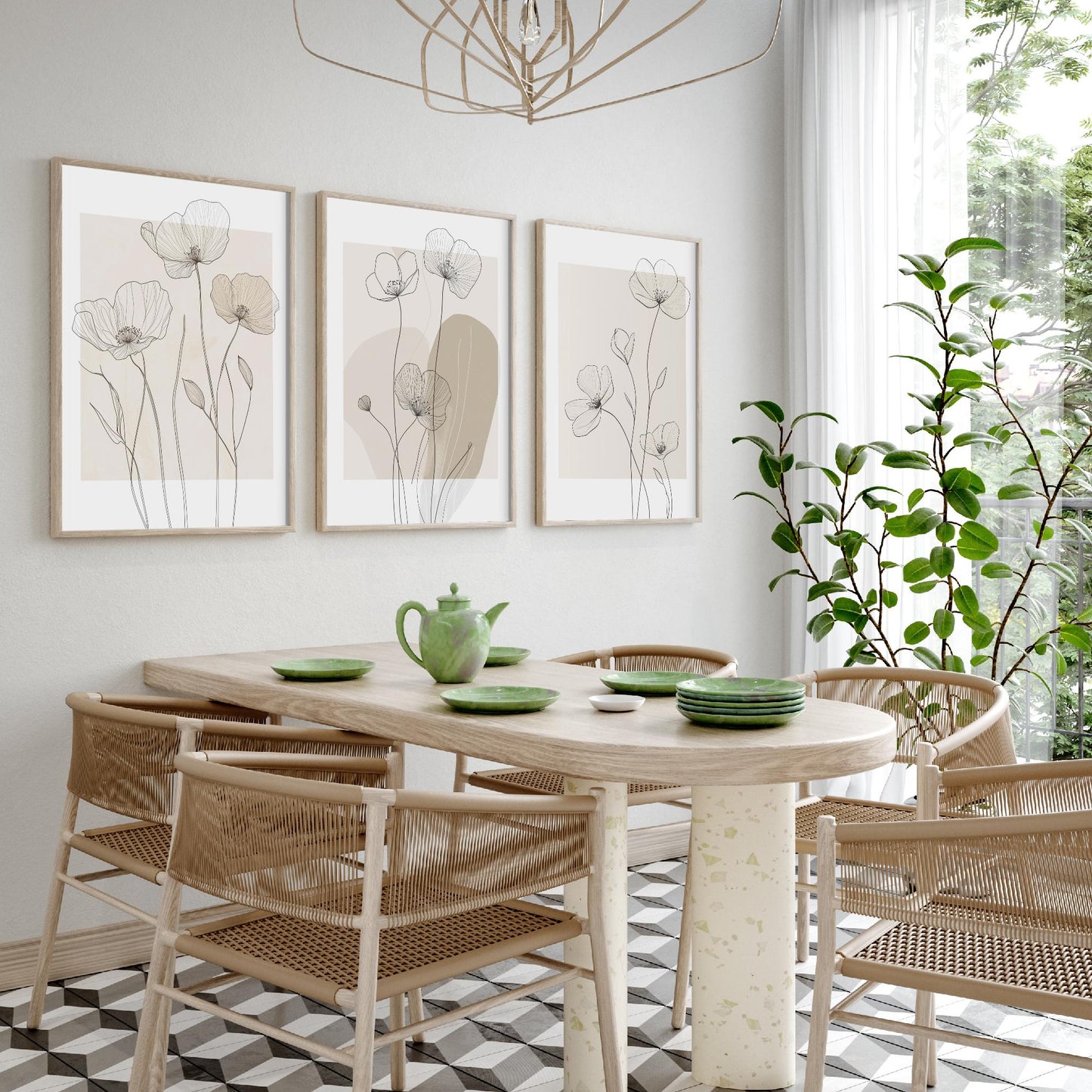 Beige Flowers Set of Three Art Prints - Minimalist Line Art Botanical Posters - Neutral Wildflower Illustration Wall Decor