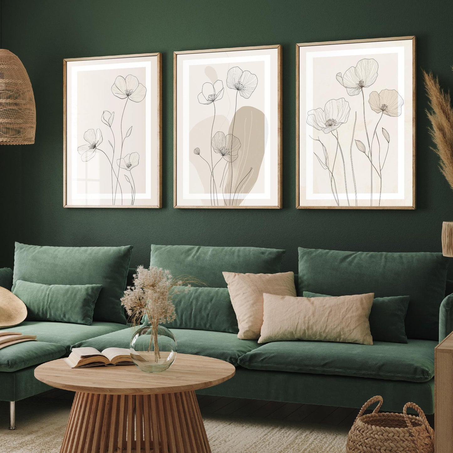 Beige Flower Line Art Set of Three Prints - White Framed Botanical Posters - Minimalist Neutral Illustration Wall Art Decor