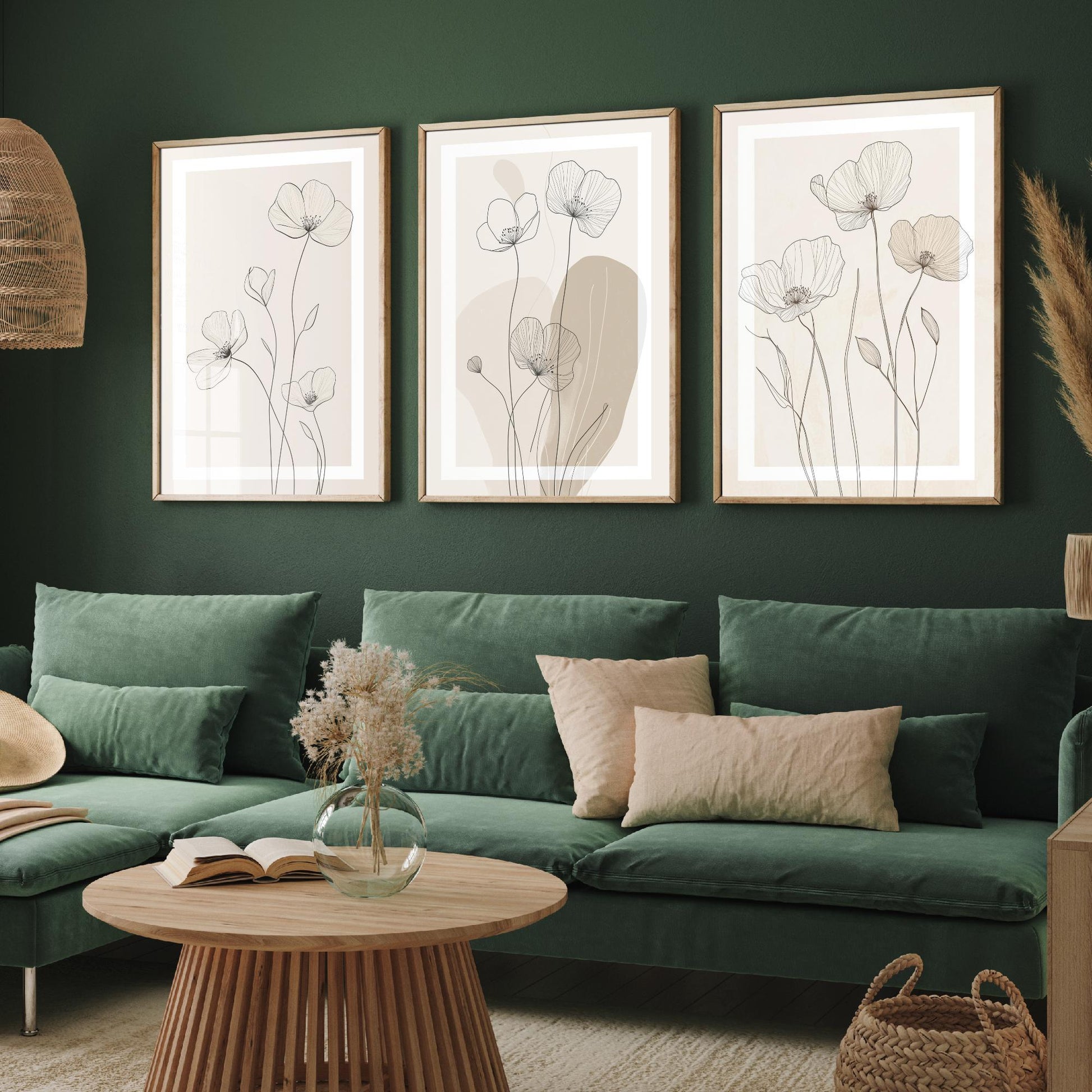 Beige Flower Line Art Set of Three Prints - White Framed Botanical Posters - Minimalist Neutral Illustration Wall Art Decor