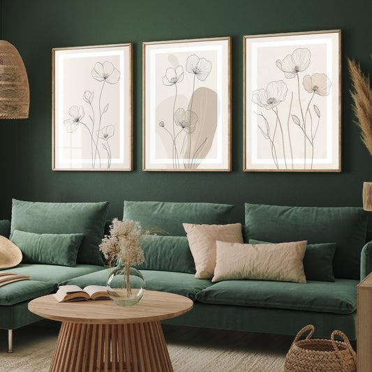 Beige Flower Line Art Set of Three Prints - White Framed Botanical Posters - Minimalist Neutral Illustration Wall Art Decor