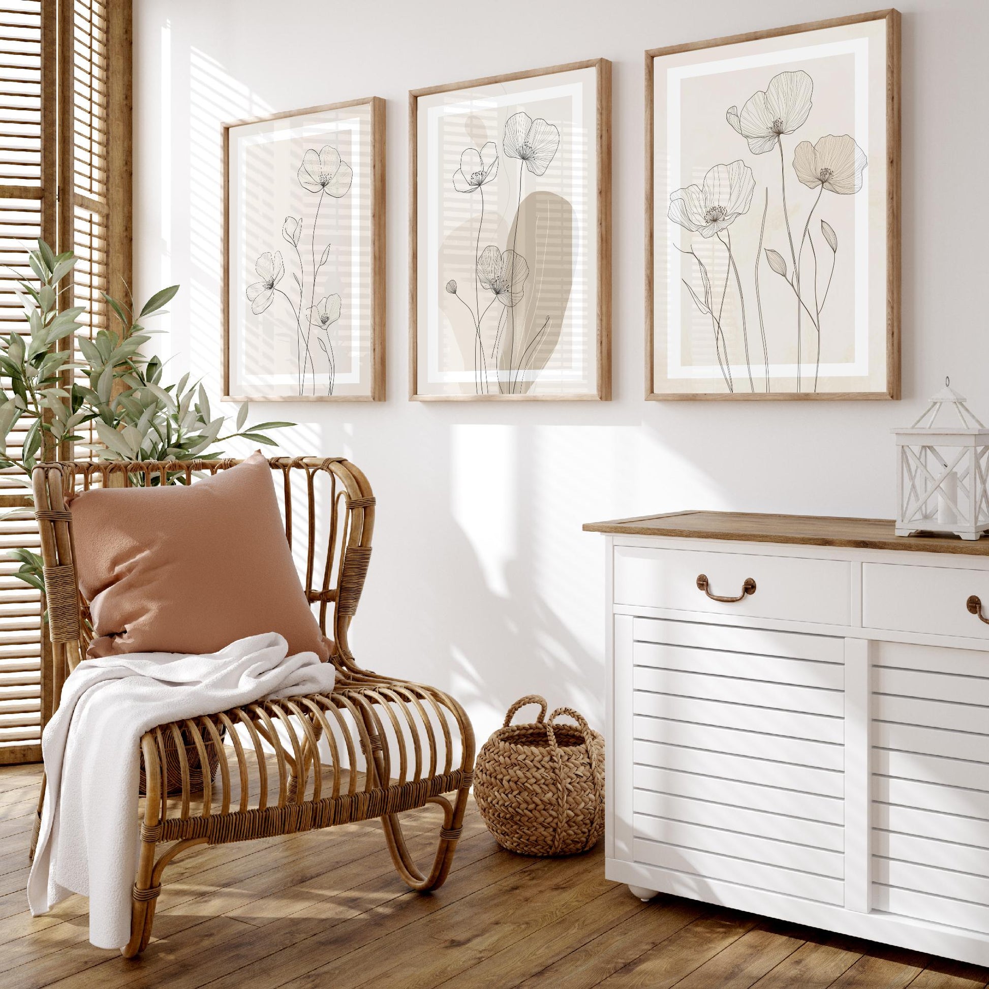 Beige Flower Line Art Set of Three Prints - White Framed Botanical Posters - Minimalist Neutral Illustration Wall Art Decor