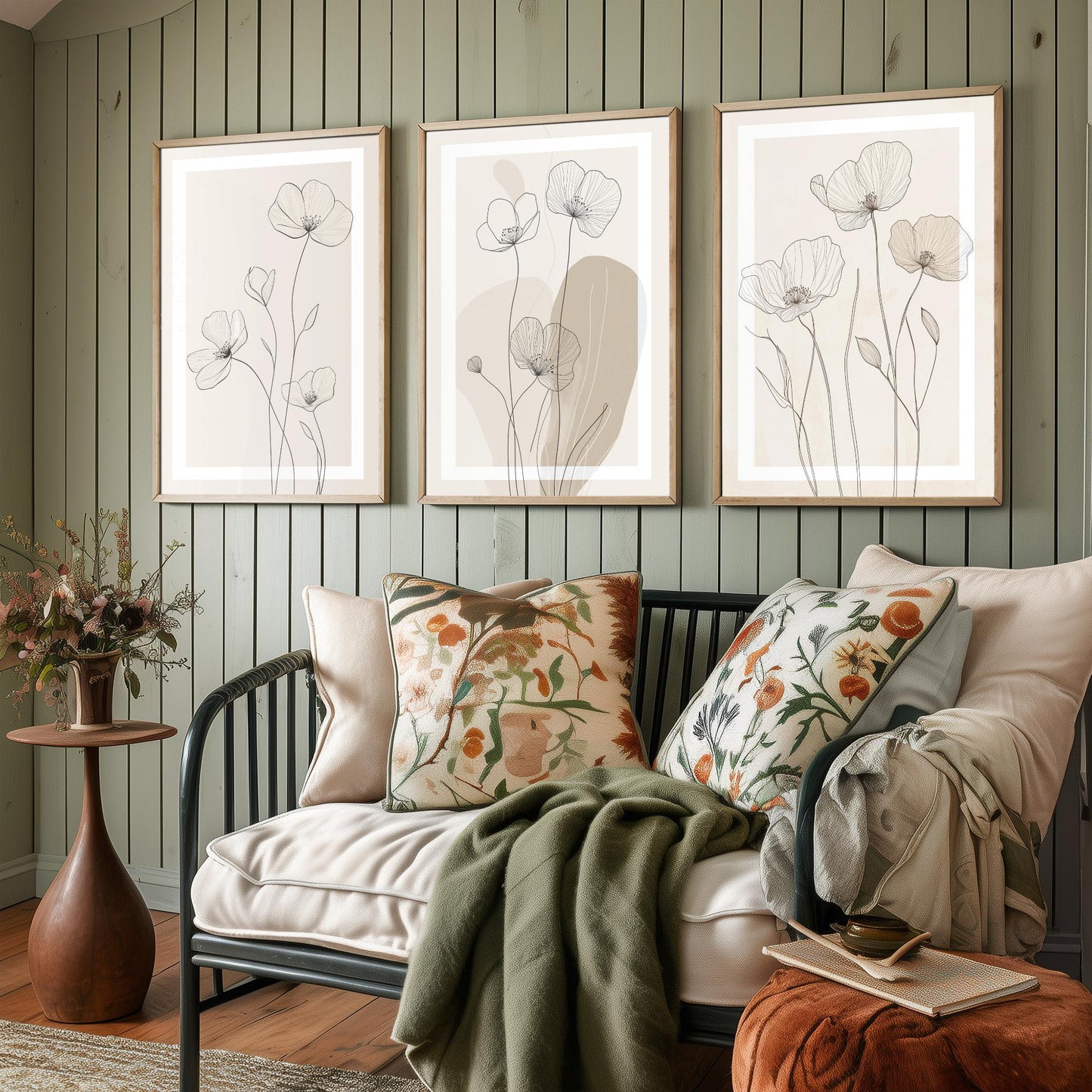 Beige Flower Line Art Set of Three Prints - White Framed Botanical Posters - Minimalist Neutral Illustration Wall Art Decor