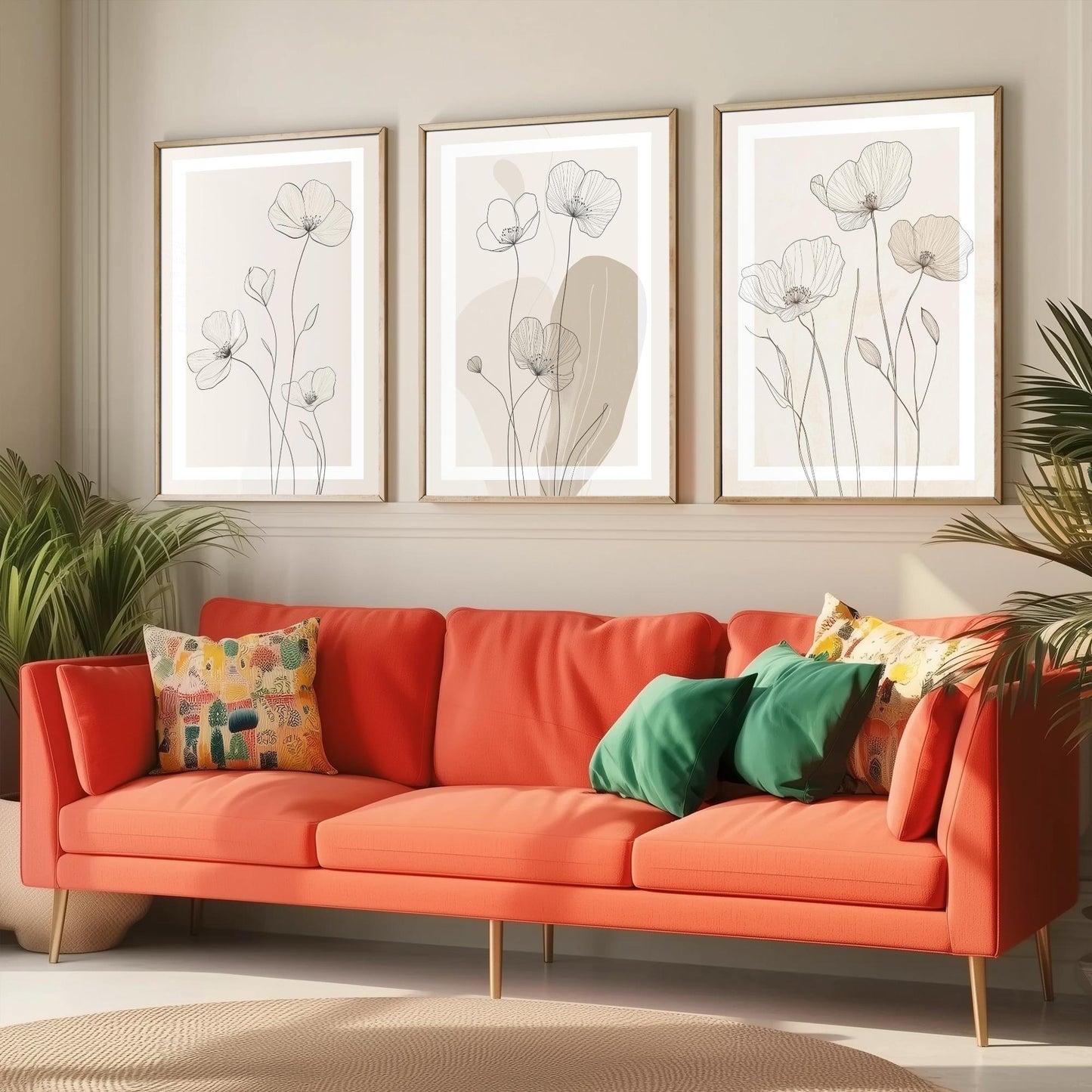 Beige Flower Line Art Set of Three Prints - White Framed Botanical Posters - Minimalist Neutral Illustration Wall Art Decor
