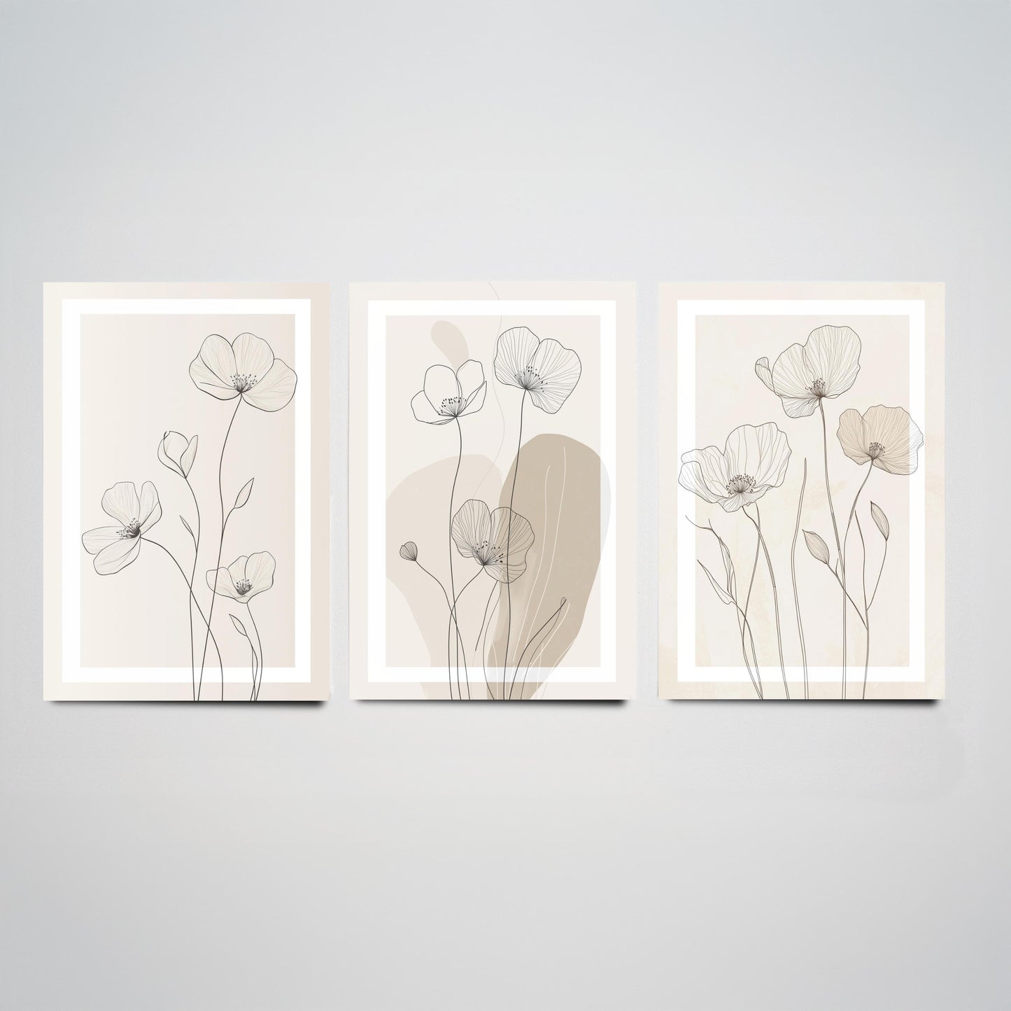 Beige Flower Line Art Set of Three Prints - White Framed Botanical Posters - Minimalist Neutral Illustration Wall Art Decor