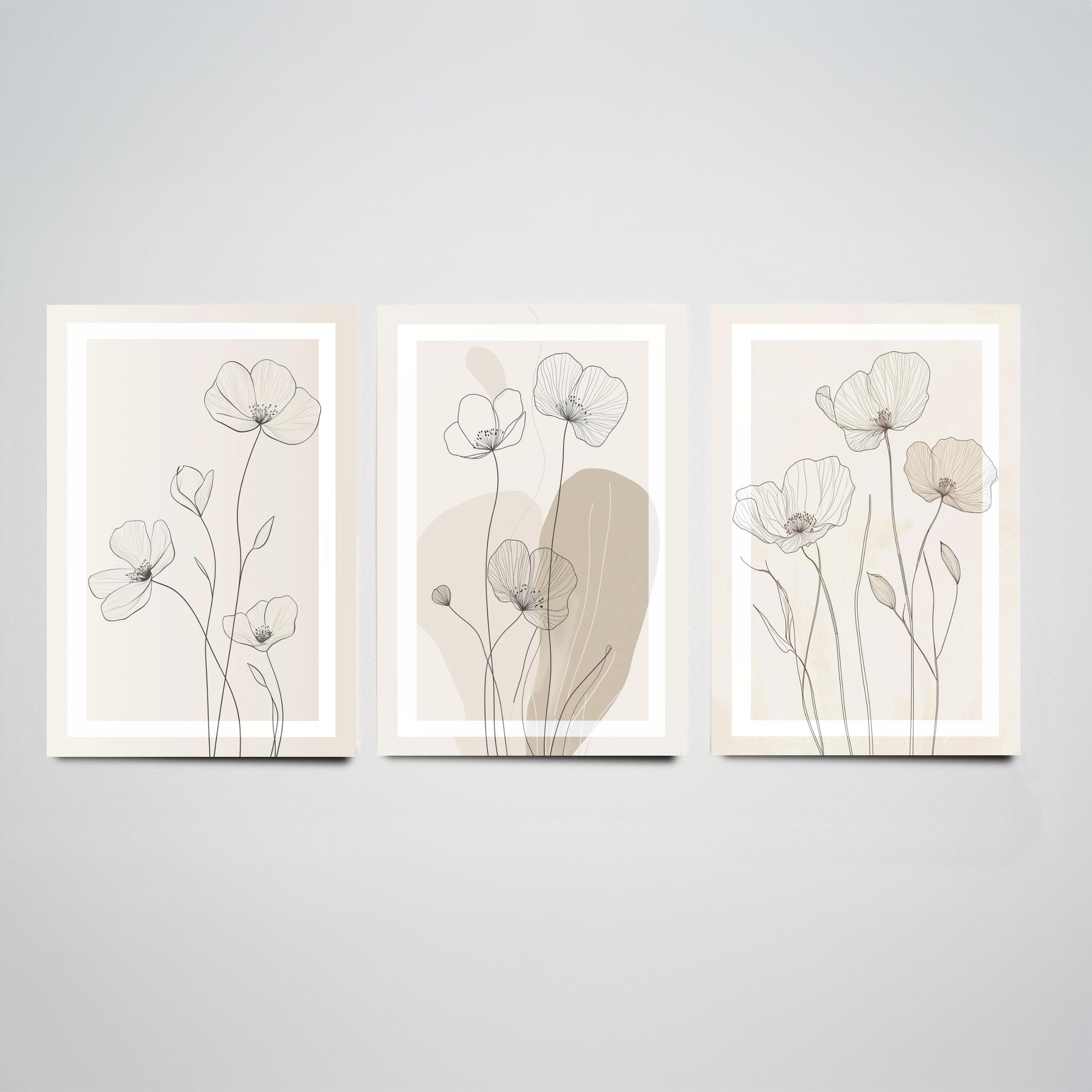 Beige Flower Line Art Set of Three Prints - White Framed Botanical Posters - Minimalist Neutral Illustration Wall Art Decor