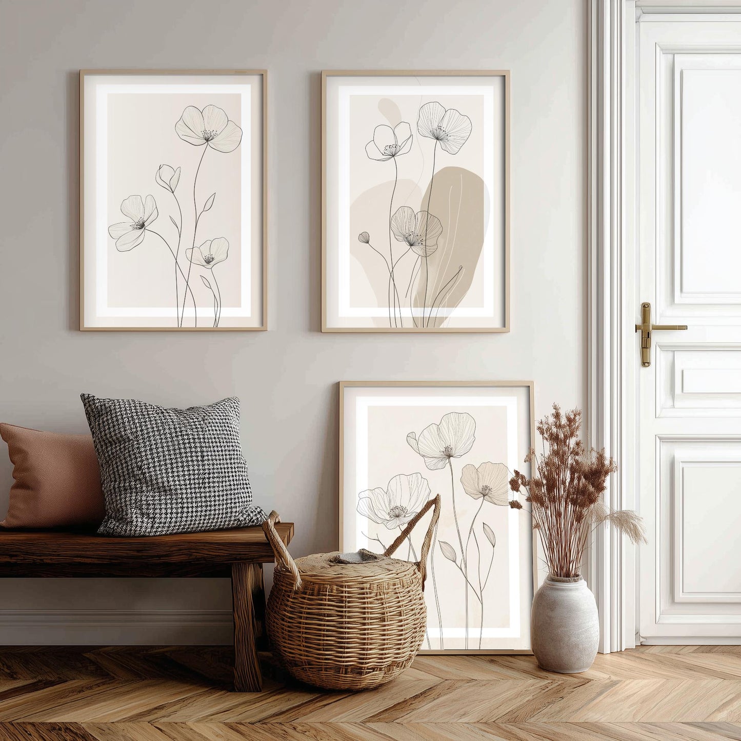Beige Flower Line Art Set of Three Prints - White Framed Botanical Posters - Minimalist Neutral Illustration Wall Art Decor