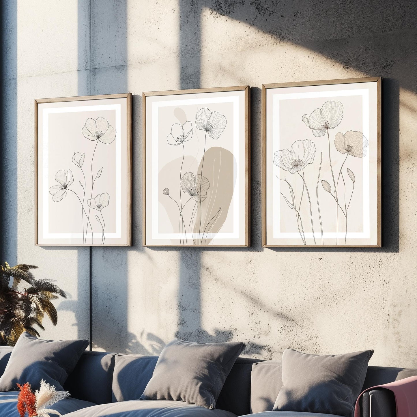 Beige Flower Line Art Set of Three Prints - White Framed Botanical Posters - Minimalist Neutral Illustration Wall Art Decor