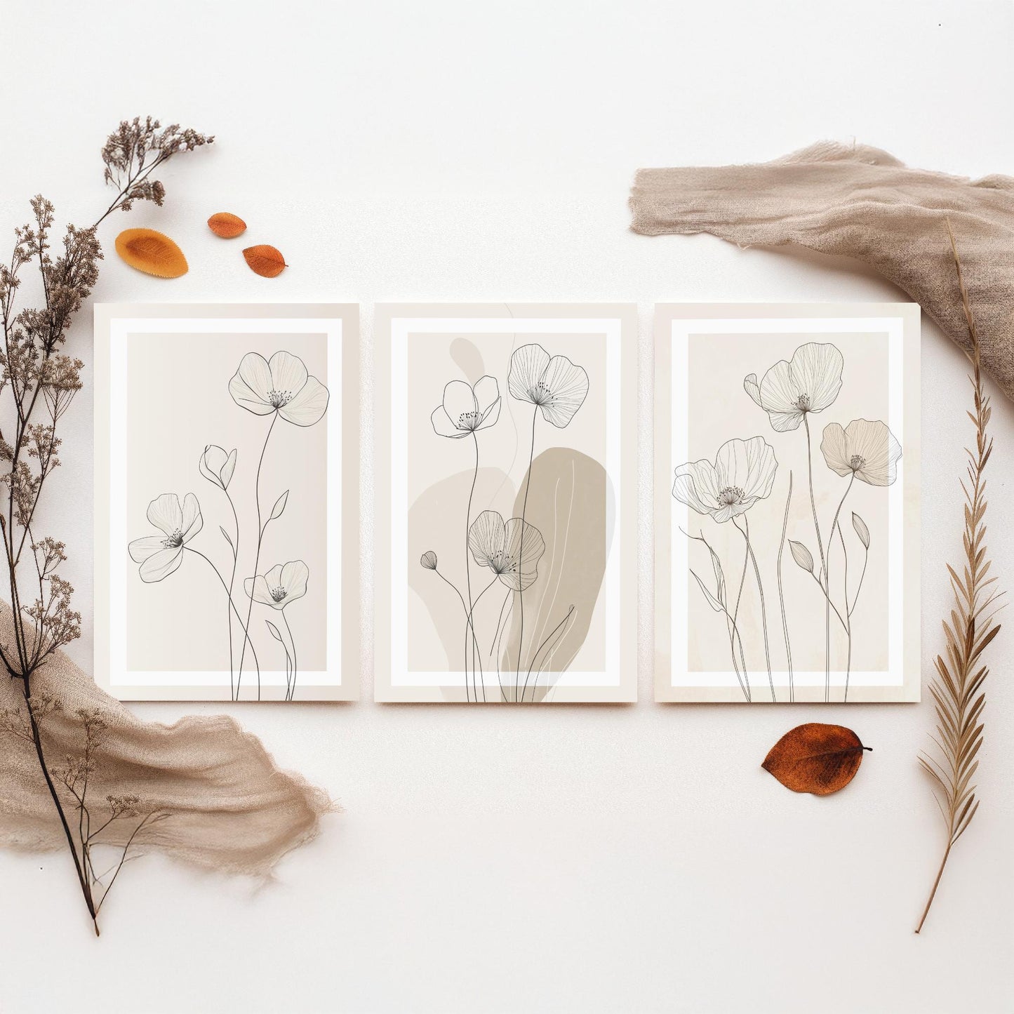 Beige Flower Line Art Set of Three Prints - White Framed Botanical Posters - Minimalist Neutral Illustration Wall Art Decor