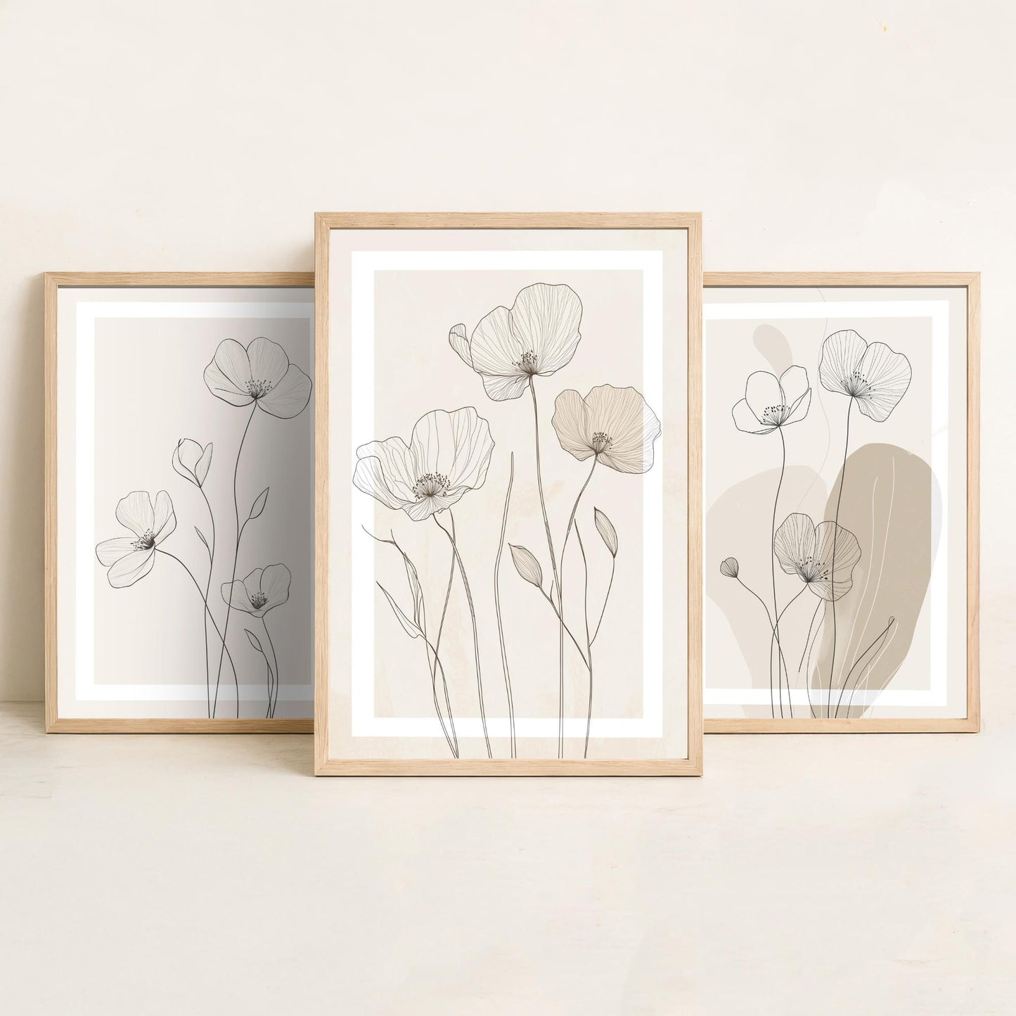 Beige Flower Line Art Set of Three Prints - White Framed Botanical Posters - Minimalist Neutral Illustration Wall Art Decor
