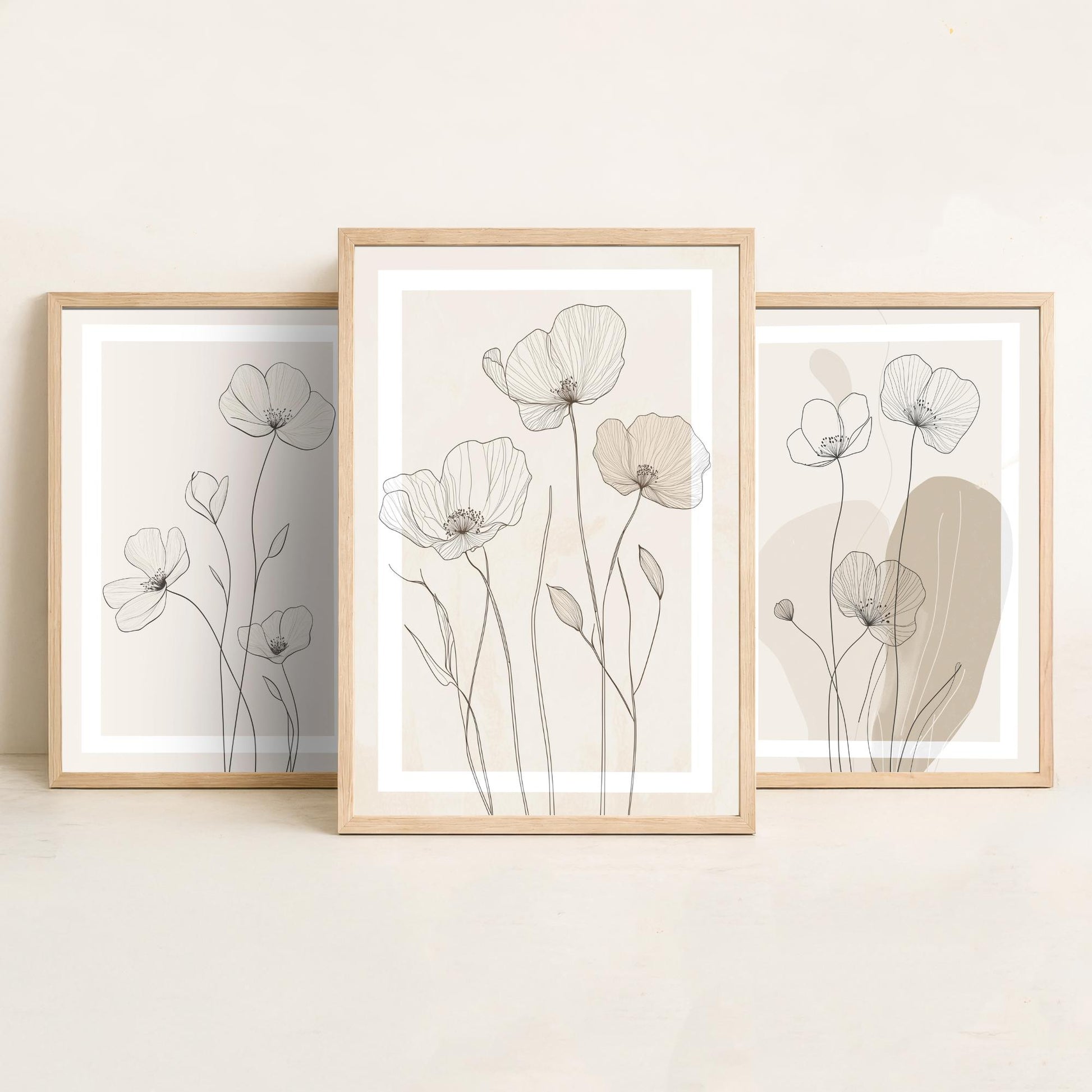 Beige Flower Line Art Set of Three Prints - White Framed Botanical Posters - Minimalist Neutral Illustration Wall Art Decor