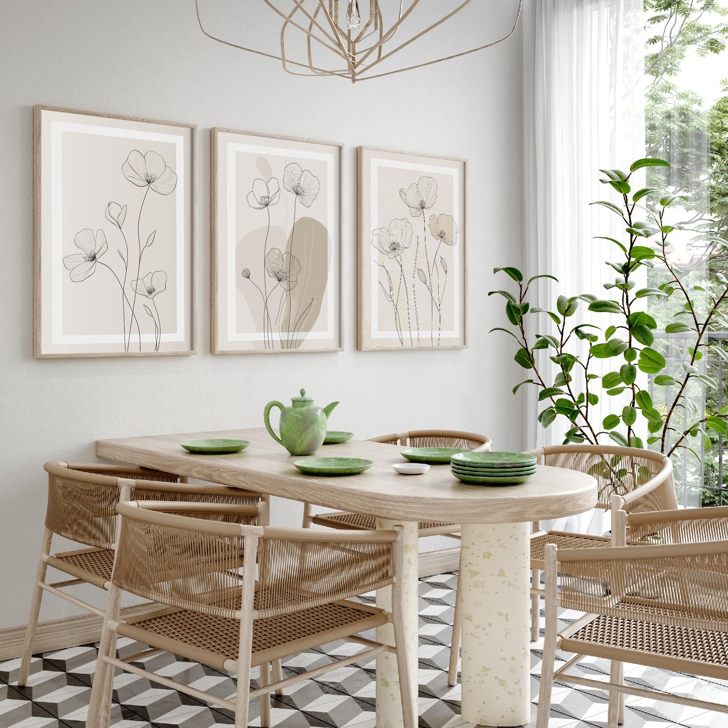 Beige Flower Line Art Set of Three Prints - White Framed Botanical Posters - Minimalist Neutral Illustration Wall Art Decor