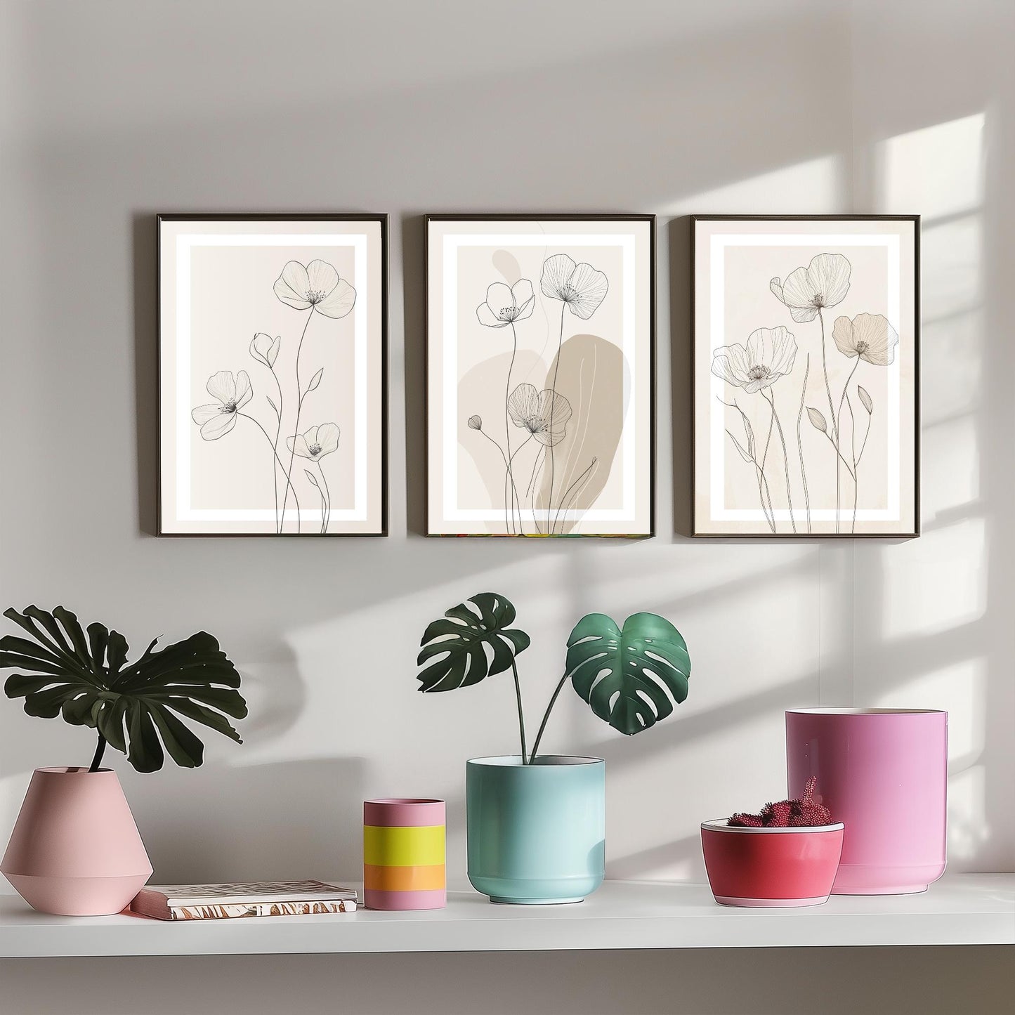 Beige Flower Line Art Set of Three Prints - White Framed Botanical Posters - Minimalist Neutral Illustration Wall Art Decor