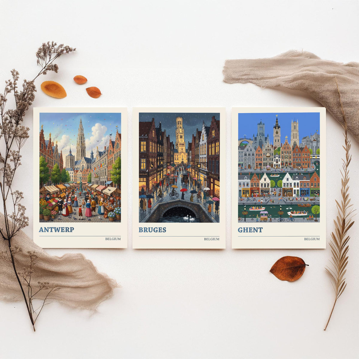 Belgium Set of Three Art Prints - Antwerp, Bruges, Ghent - 3 Colourful Folk Illustration Travel Posters - Flemish Painting