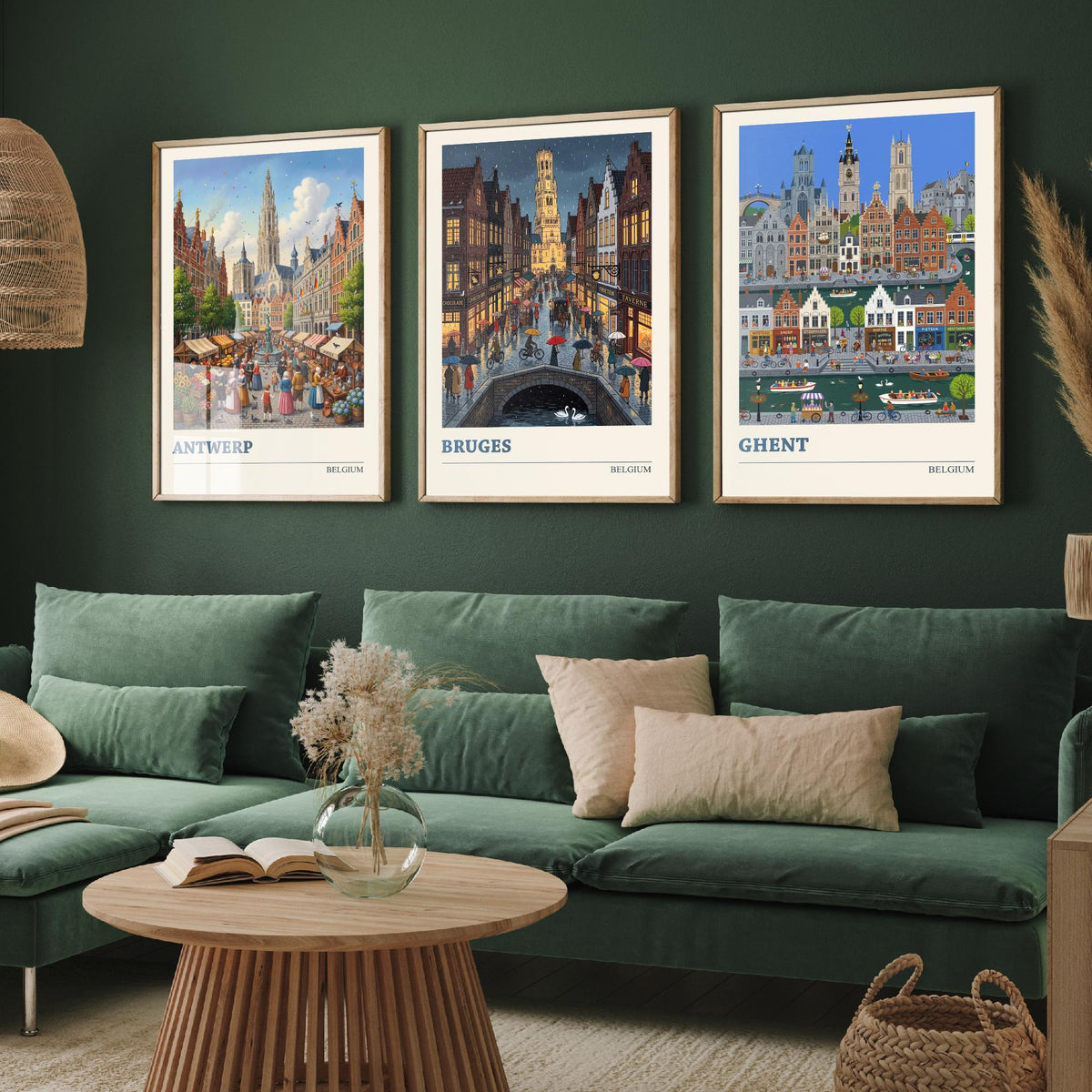 Belgium Set of Three Art Prints - Antwerp, Bruges, Ghent - 3 Colourful Folk Illustration Travel Posters - Flemish Painting