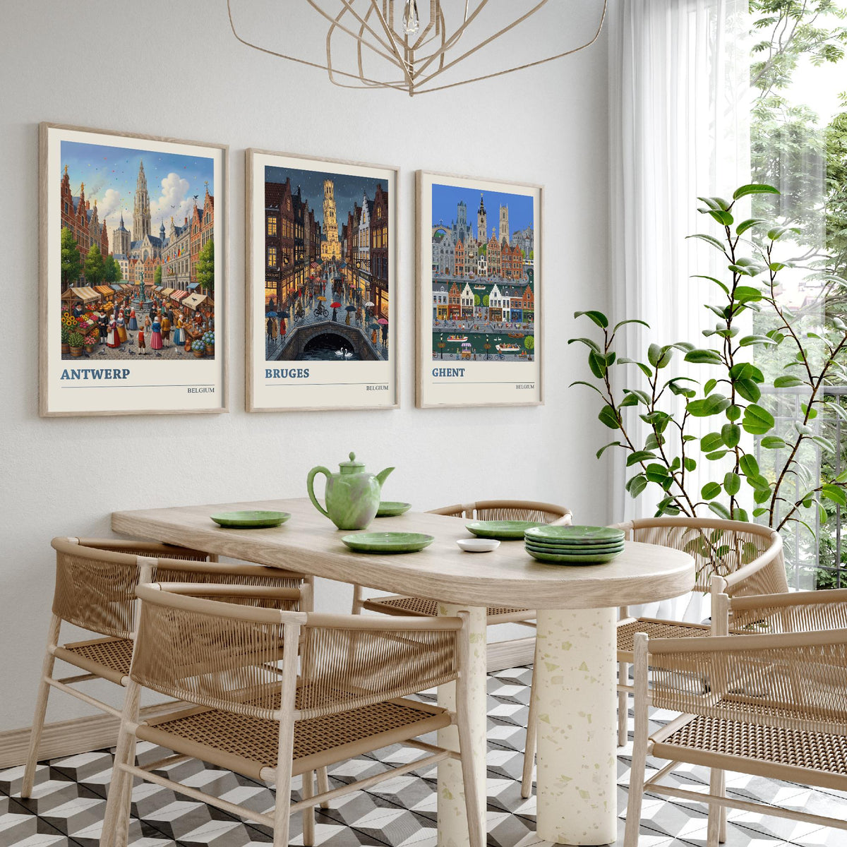 Belgium Set of Three Art Prints - Antwerp, Bruges, Ghent - 3 Colourful Folk Illustration Travel Posters - Flemish Painting