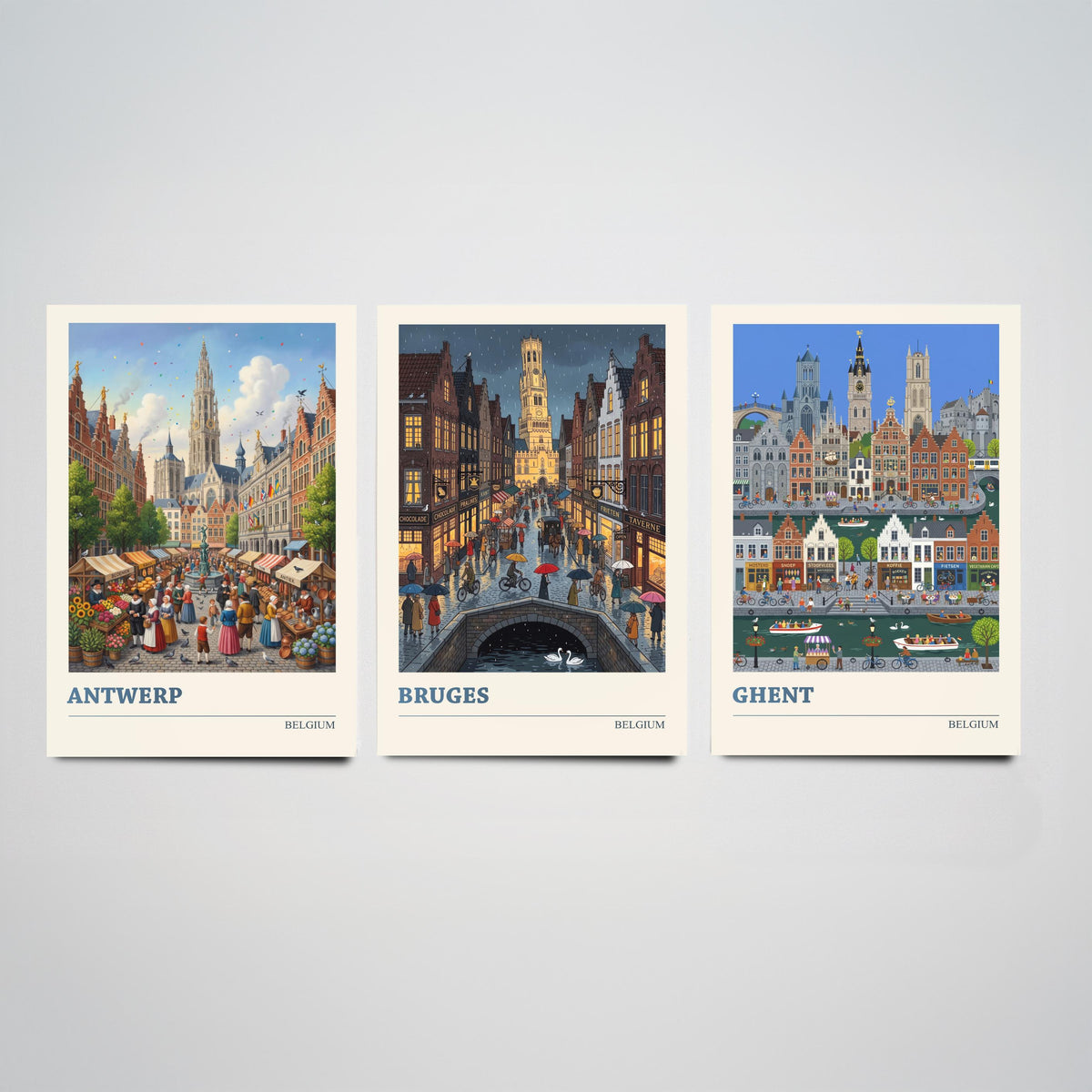 Belgium Set of Three Art Prints - Antwerp, Bruges, Ghent - 3 Colourful Folk Illustration Travel Posters - Flemish Painting