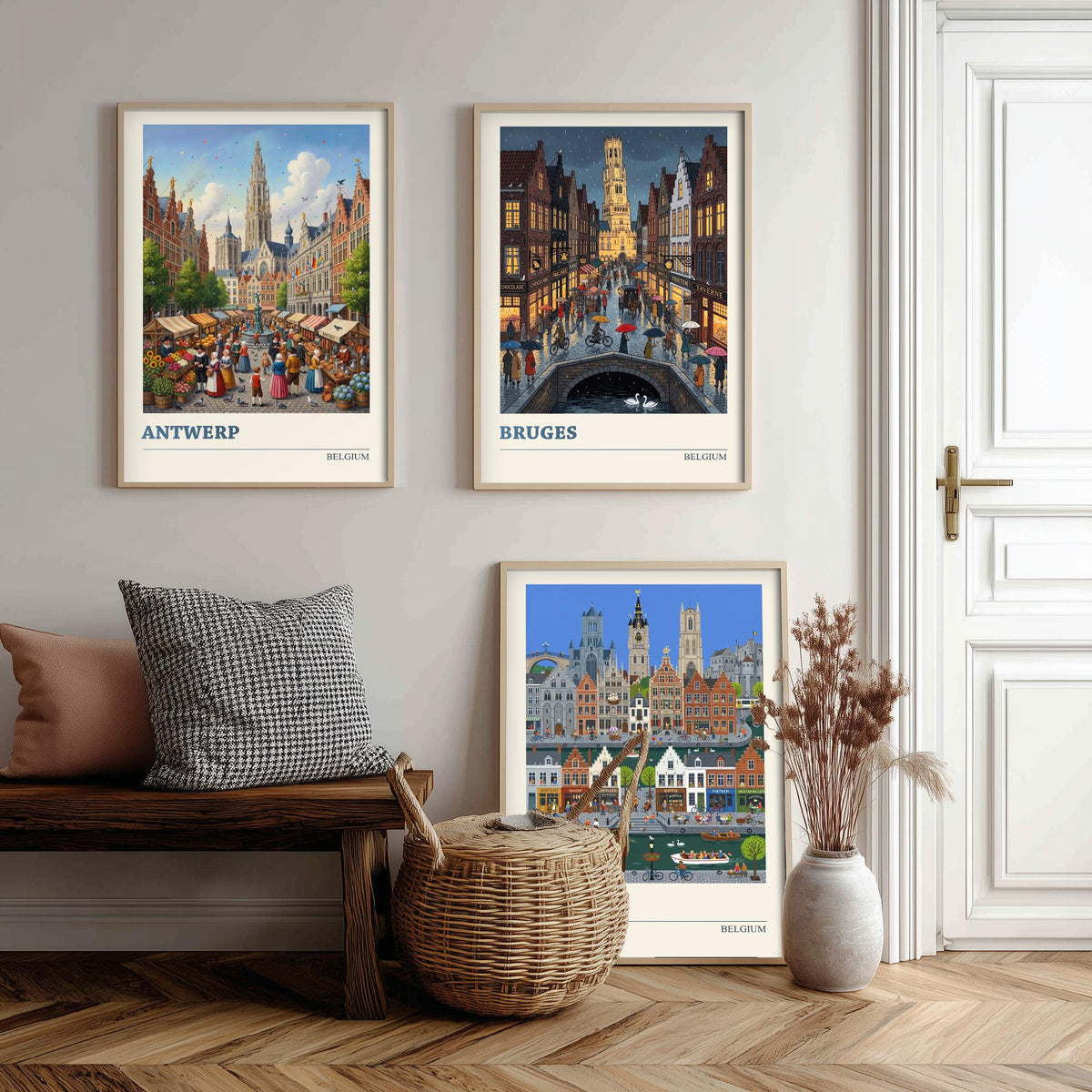 Belgium Set of Three Art Prints - Antwerp, Bruges, Ghent - 3 Colourful Folk Illustration Travel Posters - Flemish Painting
