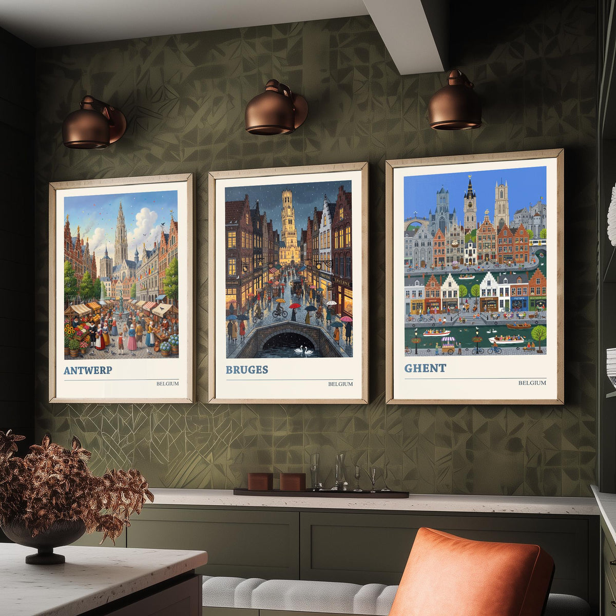 Belgium Set of Three Art Prints - Antwerp, Bruges, Ghent - 3 Colourful Folk Illustration Travel Posters - Flemish Painting