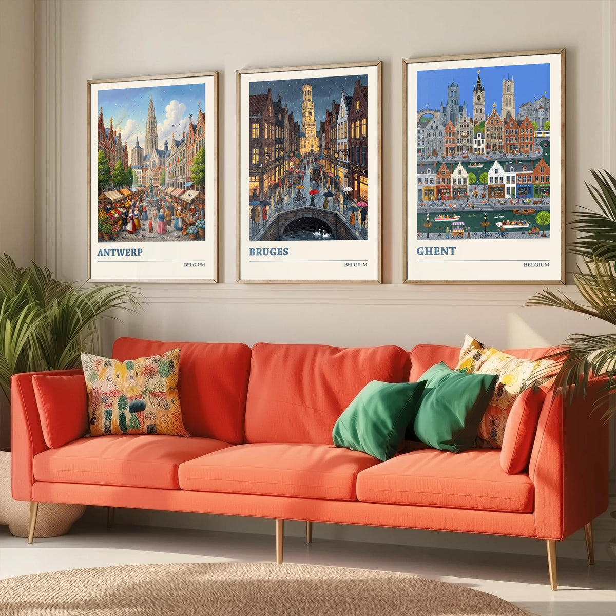 Belgium Set of Three Art Prints - Antwerp, Bruges, Ghent - 3 Colourful Folk Illustration Travel Posters - Flemish Painting