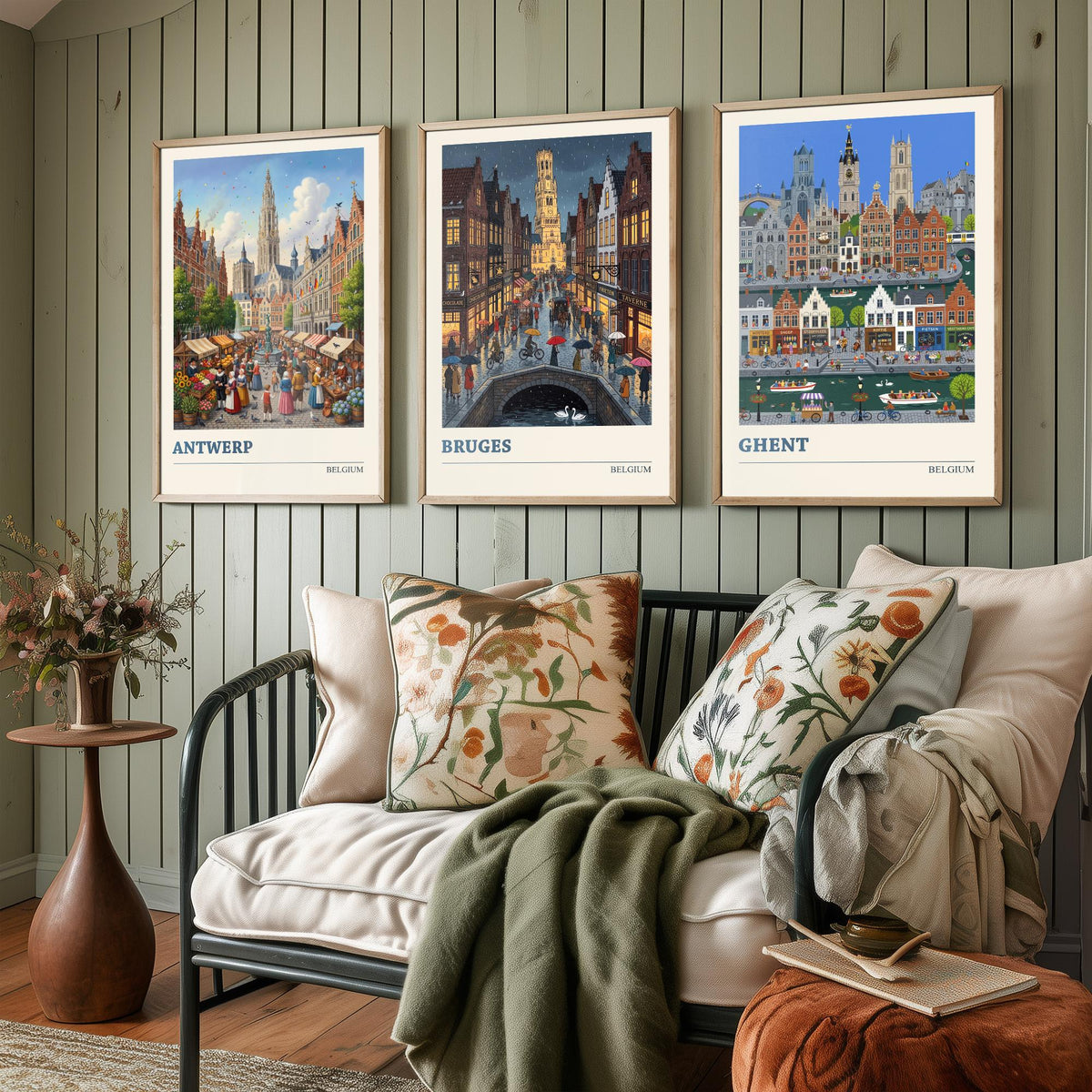Belgium Set of Three Art Prints - Antwerp, Bruges, Ghent - 3 Colourful Folk Illustration Travel Posters - Flemish Painting