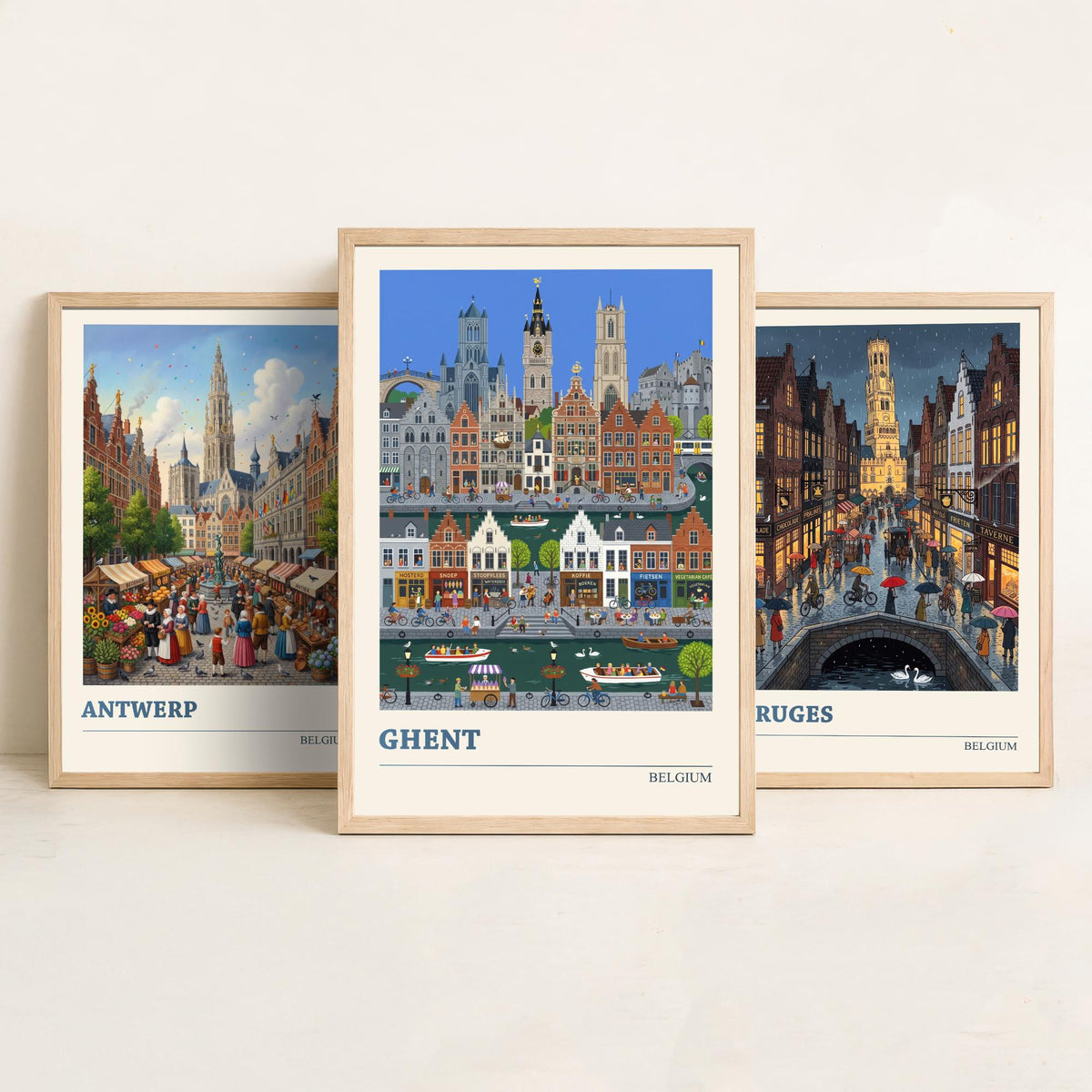 Belgium Set of Three Art Prints - Antwerp, Bruges, Ghent - 3 Colourful Folk Illustration Travel Posters - Flemish Painting