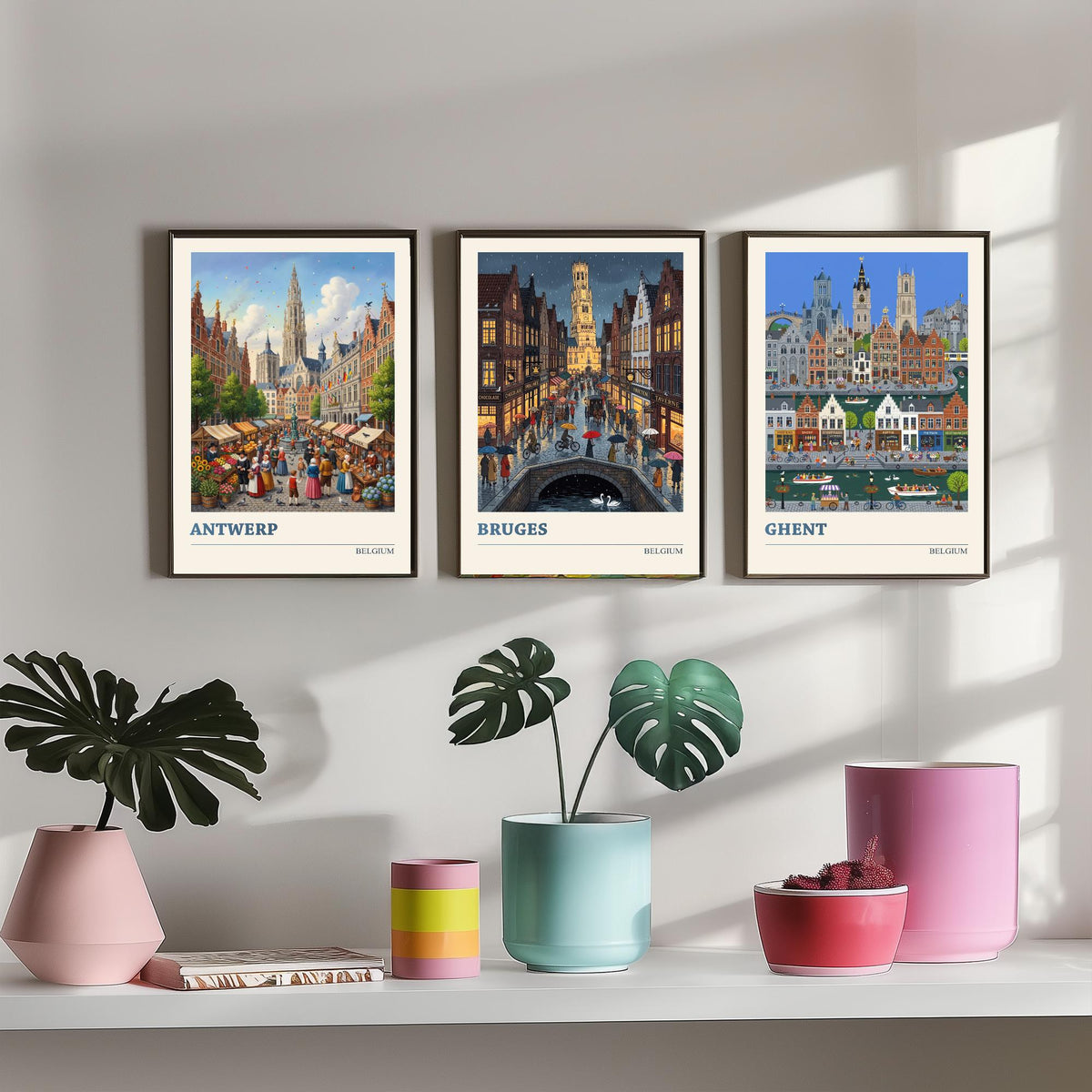 Belgium Set of Three Art Prints - Antwerp, Bruges, Ghent - 3 Colourful Folk Illustration Travel Posters - Flemish Painting