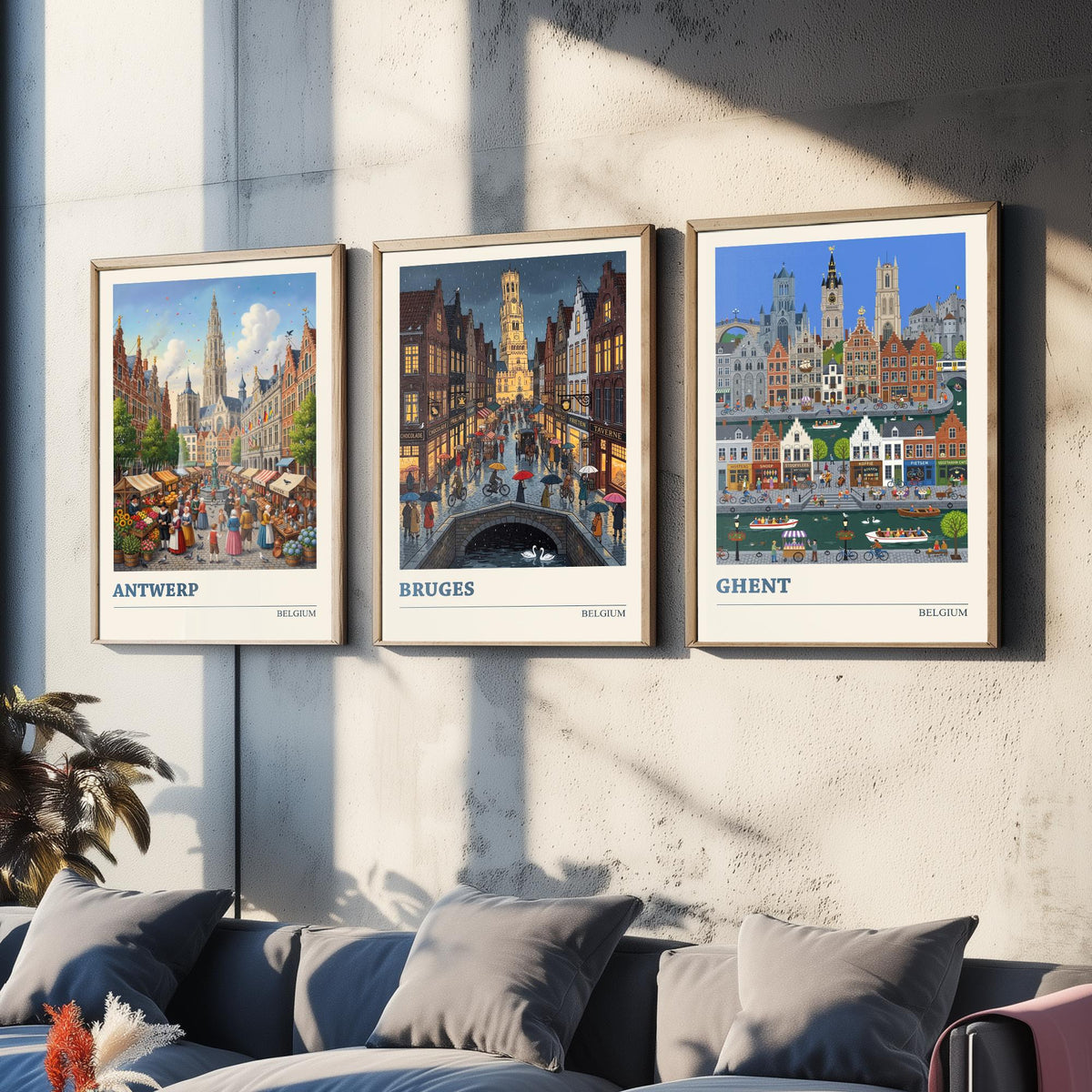Belgium Set of Three Art Prints - Antwerp, Bruges, Ghent - 3 Colourful Folk Illustration Travel Posters - Flemish Painting
