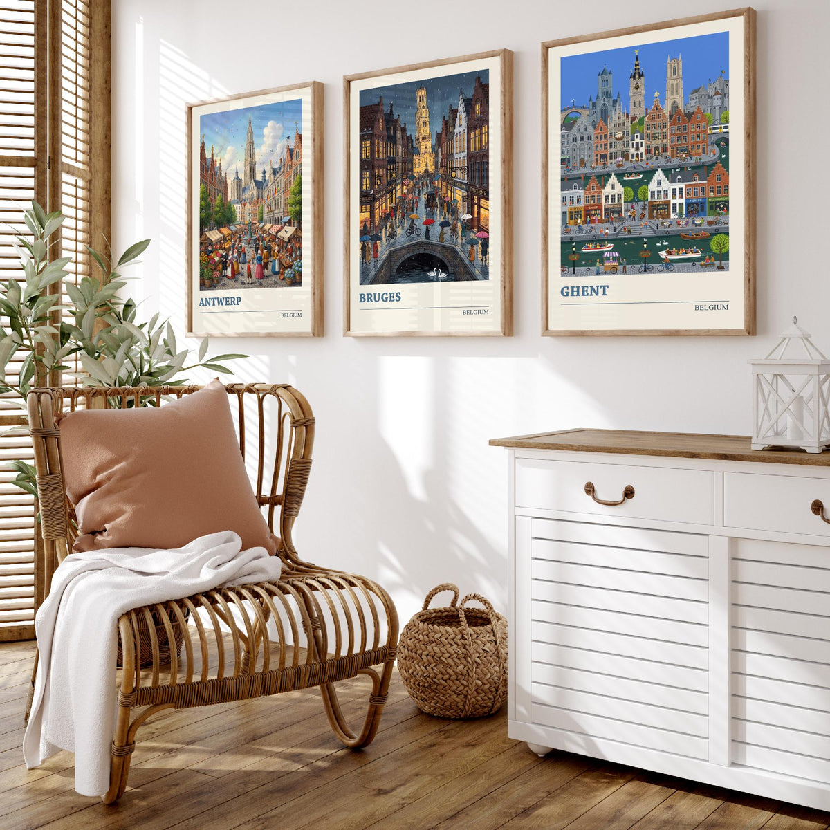 Belgium Set of Three Art Prints - Antwerp, Bruges, Ghent - 3 Colourful Folk Illustration Travel Posters - Flemish Painting